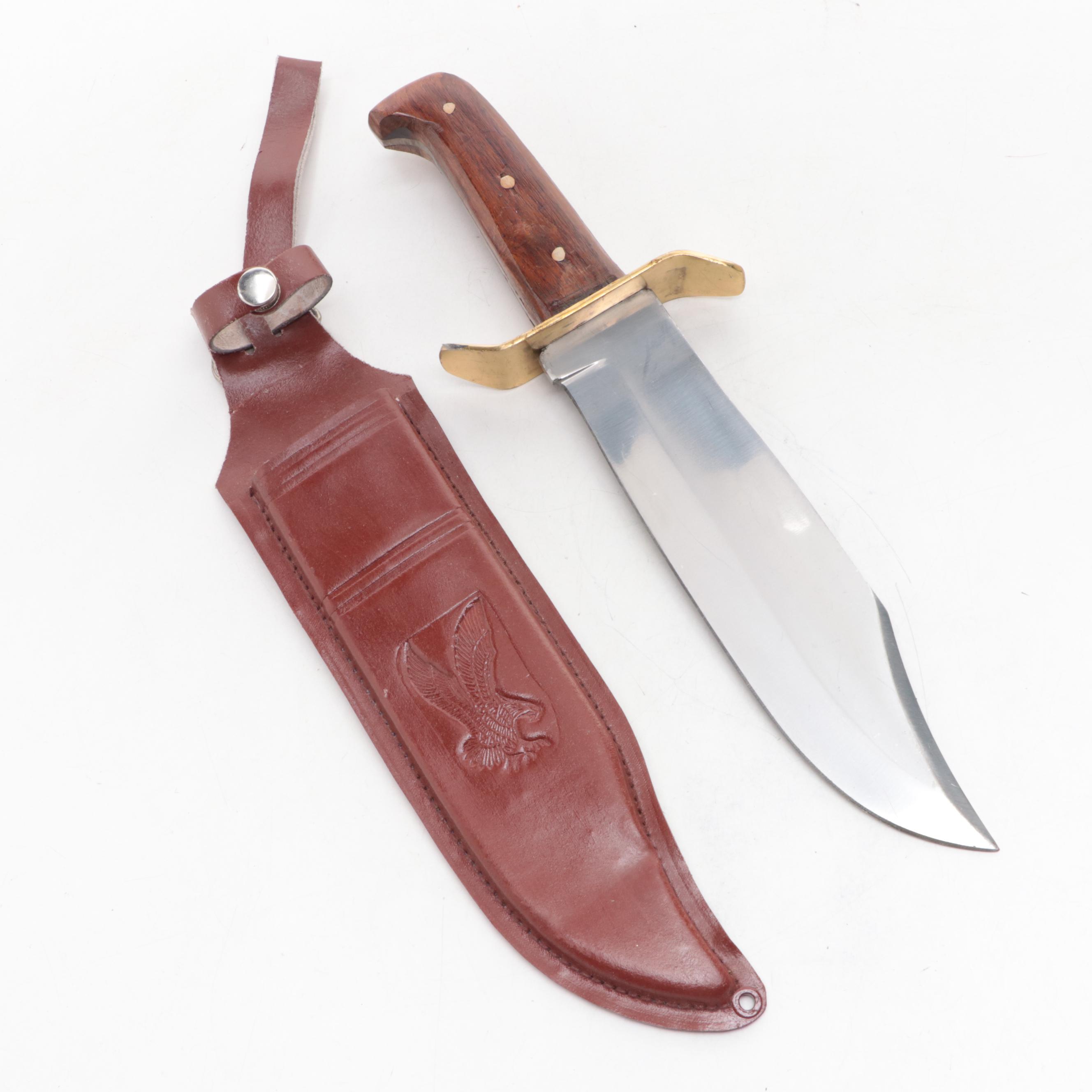 Stainless Steel and Wooden Handled Bowie Knife with Leather Scabbard