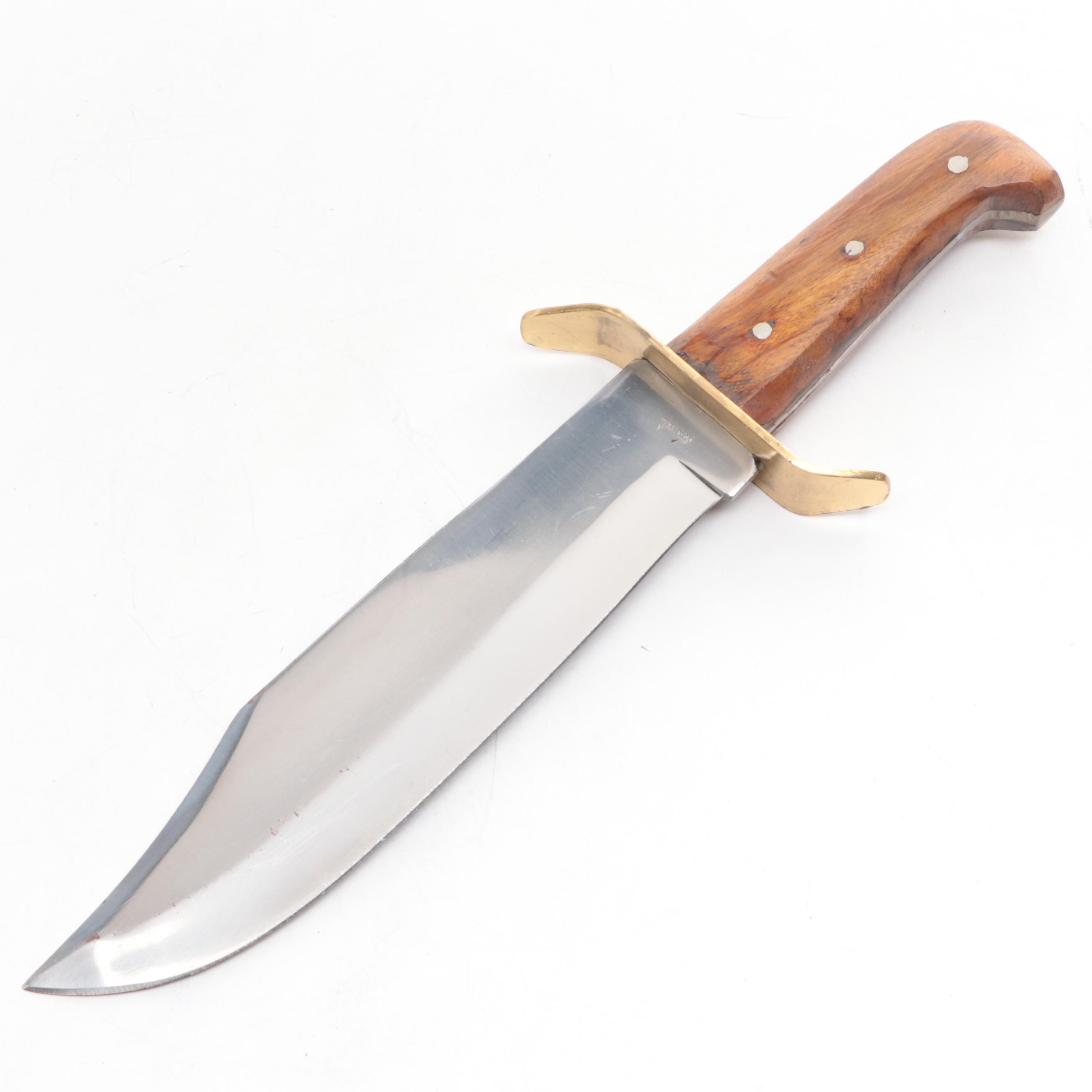 Stainless Steel and Wooden Handled Bowie Knife with Leather Scabbard