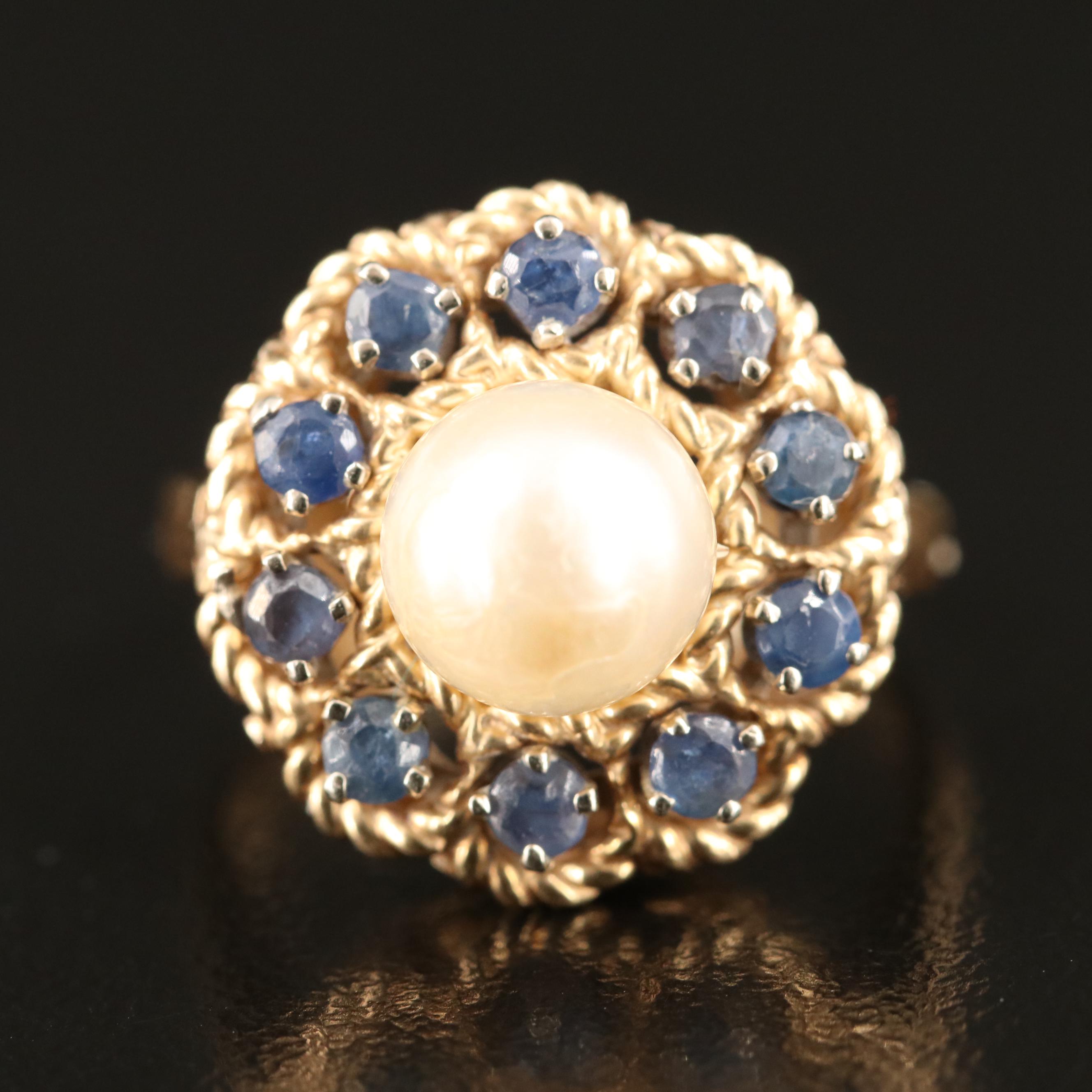 14K Pearl and Sapphire Ring with Rope Edge