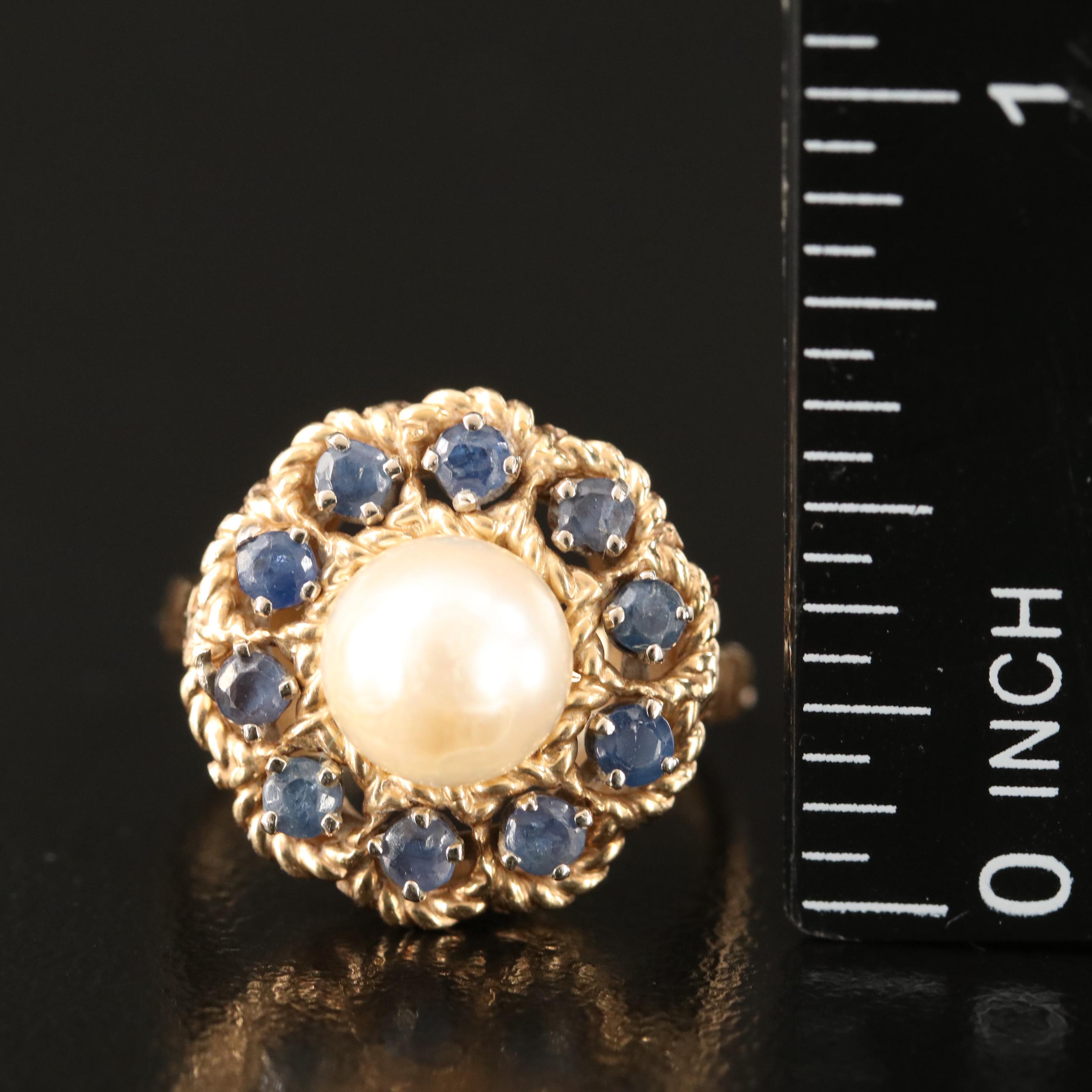 14K Pearl and Sapphire Ring with Rope Edge