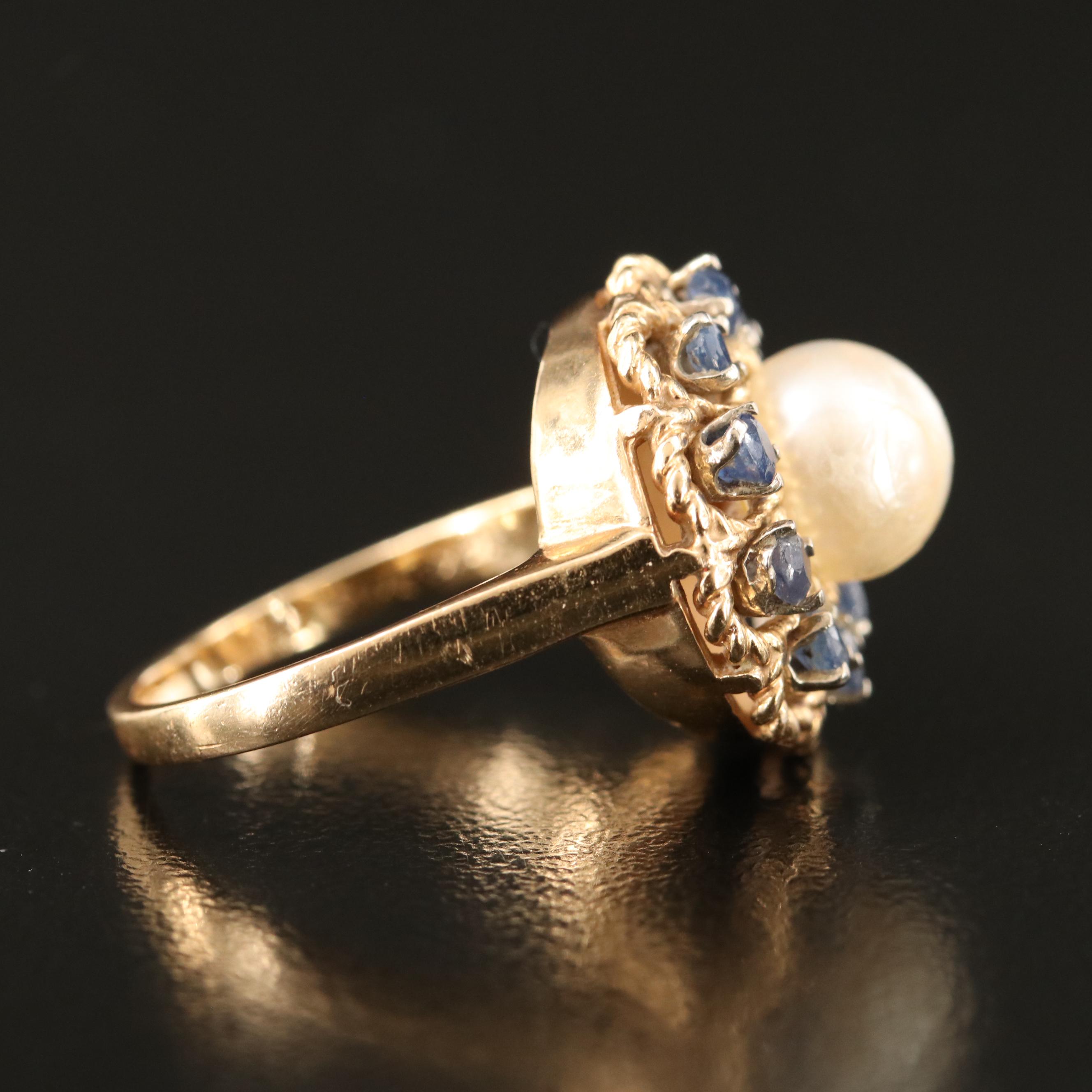 14K Pearl and Sapphire Ring with Rope Edge