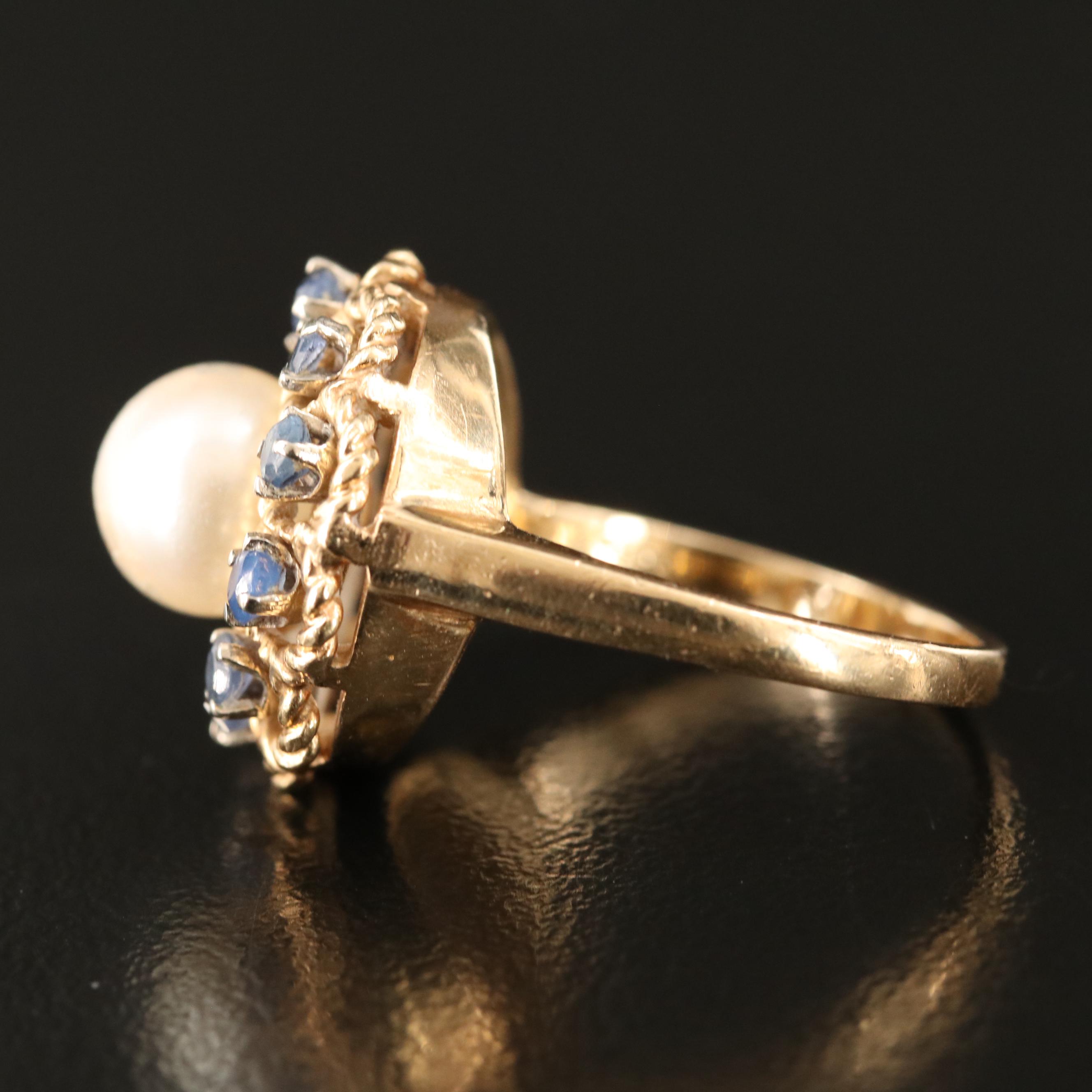 14K Pearl and Sapphire Ring with Rope Edge