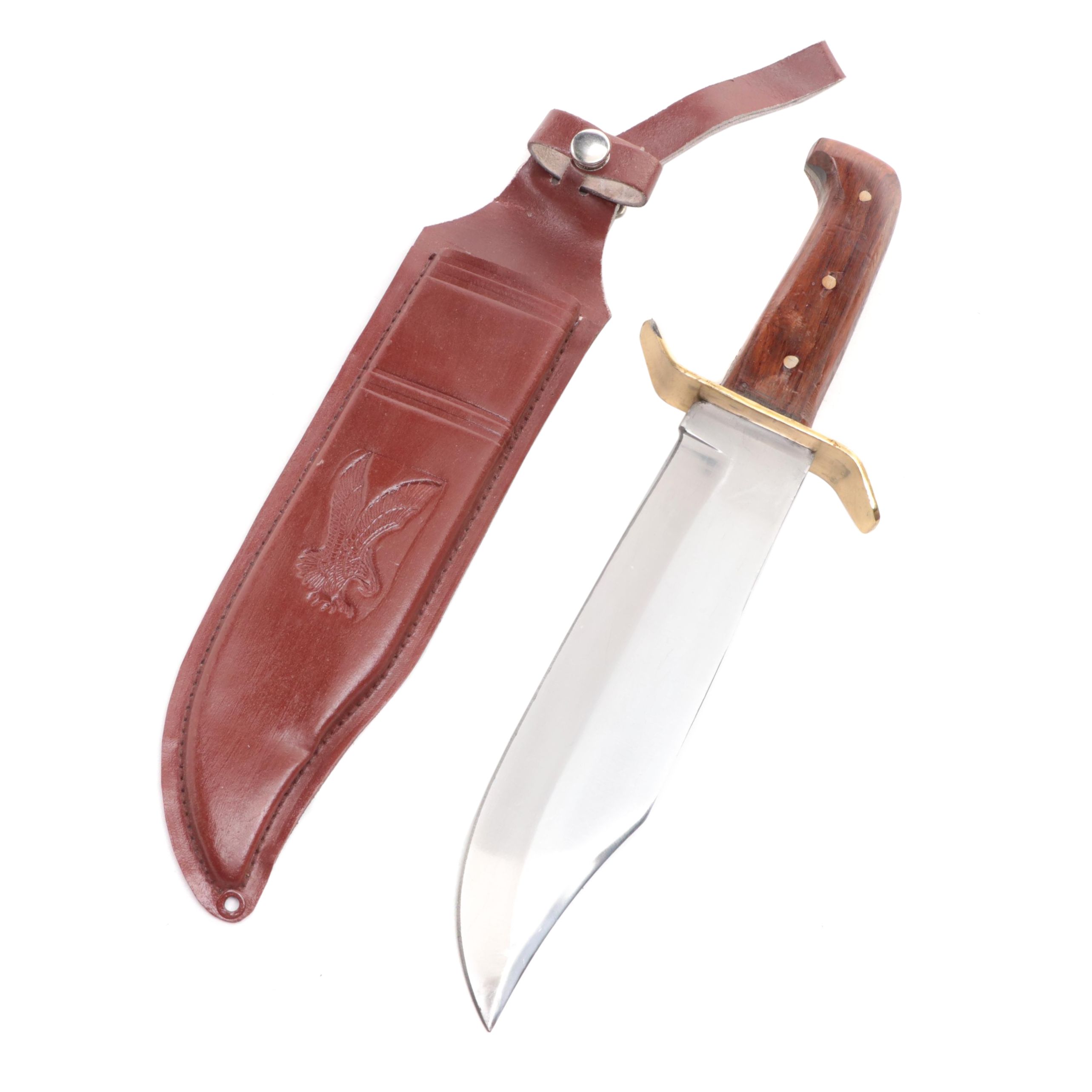 Stainless Steel and Wooden Handled Bowie Knife with Leather Scabbard