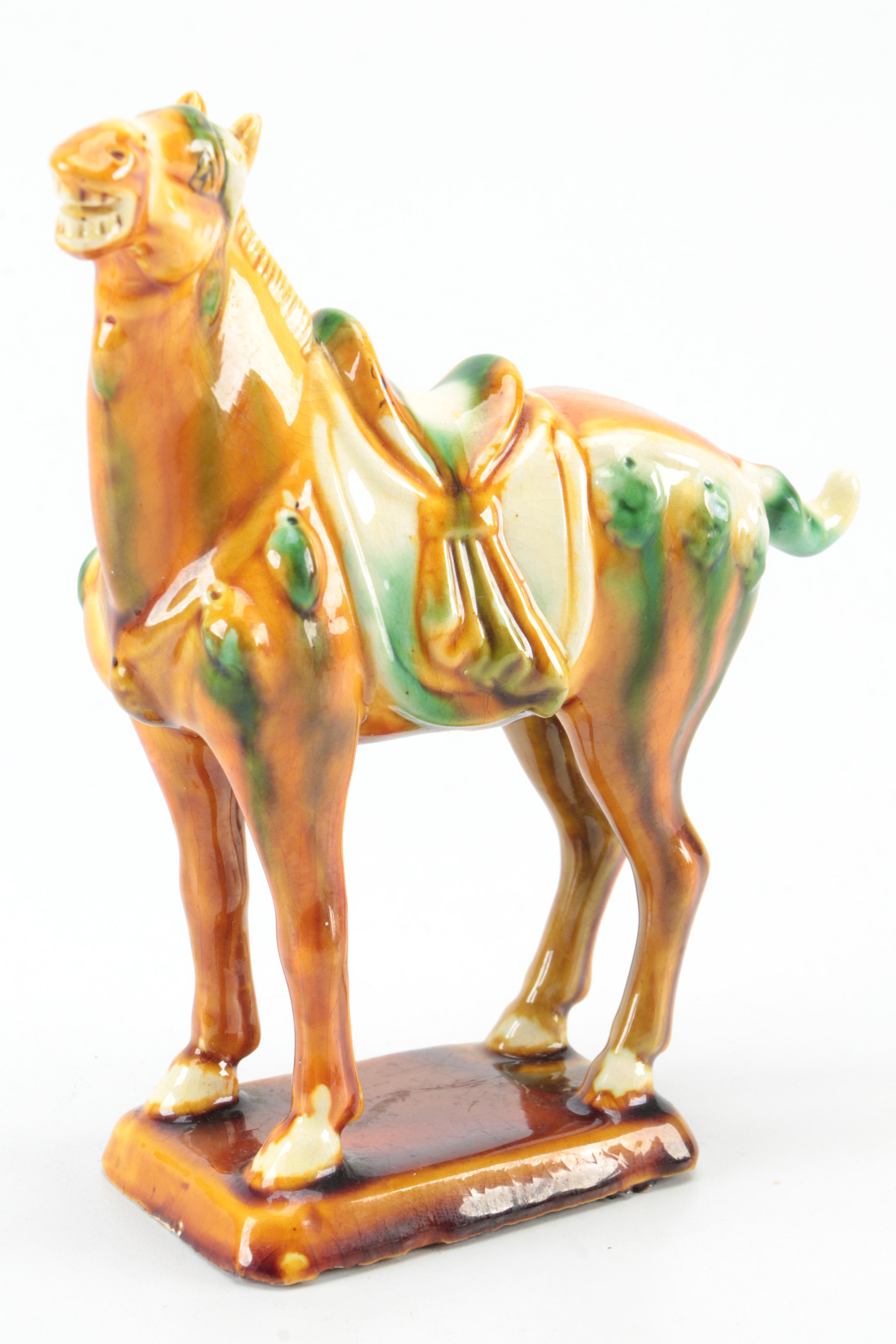 Chinese Shiwan Pottery Figurines with Sancai Glazed Tang Style Horse