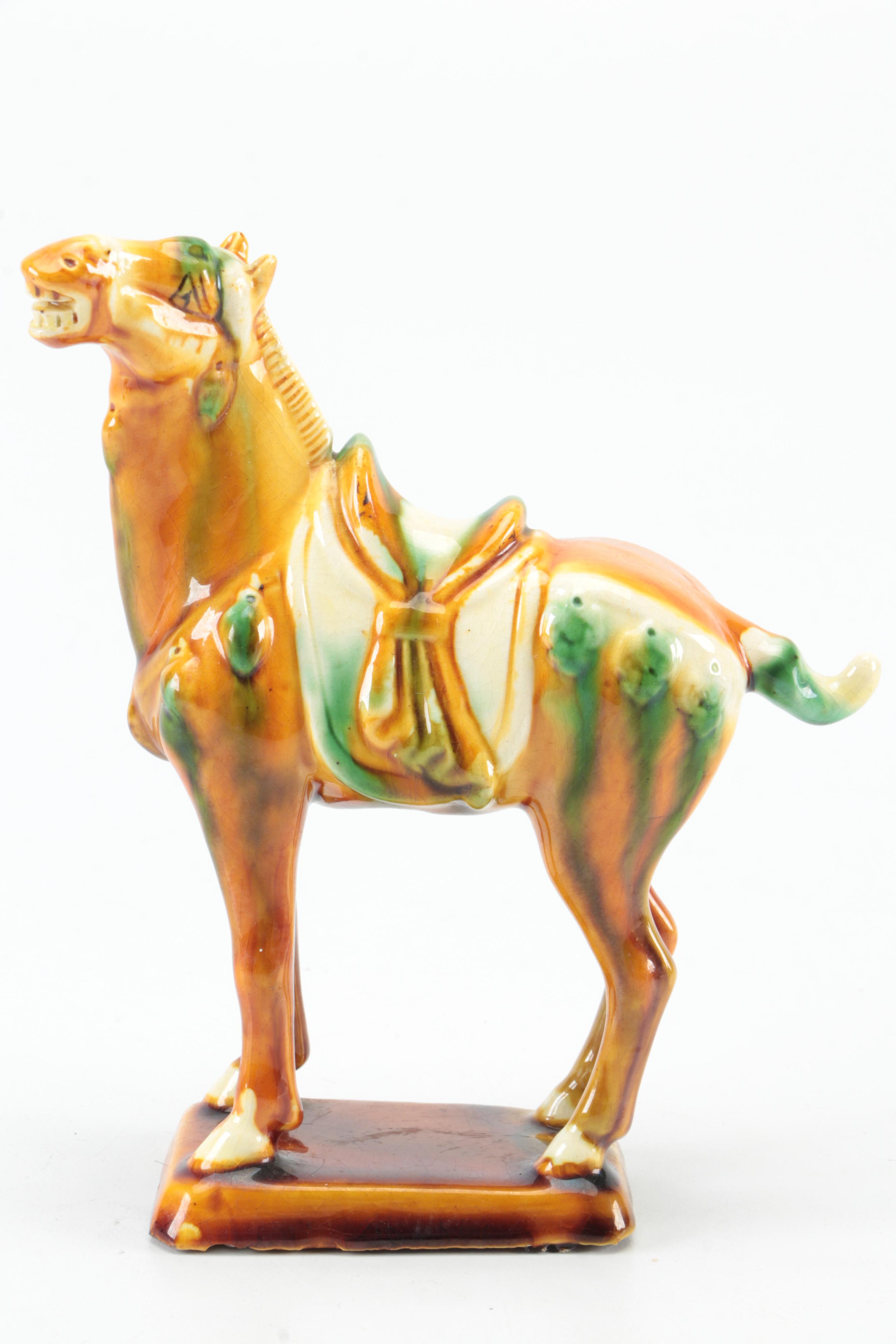 Chinese Shiwan Pottery Figurines with Sancai Glazed Tang Style Horse