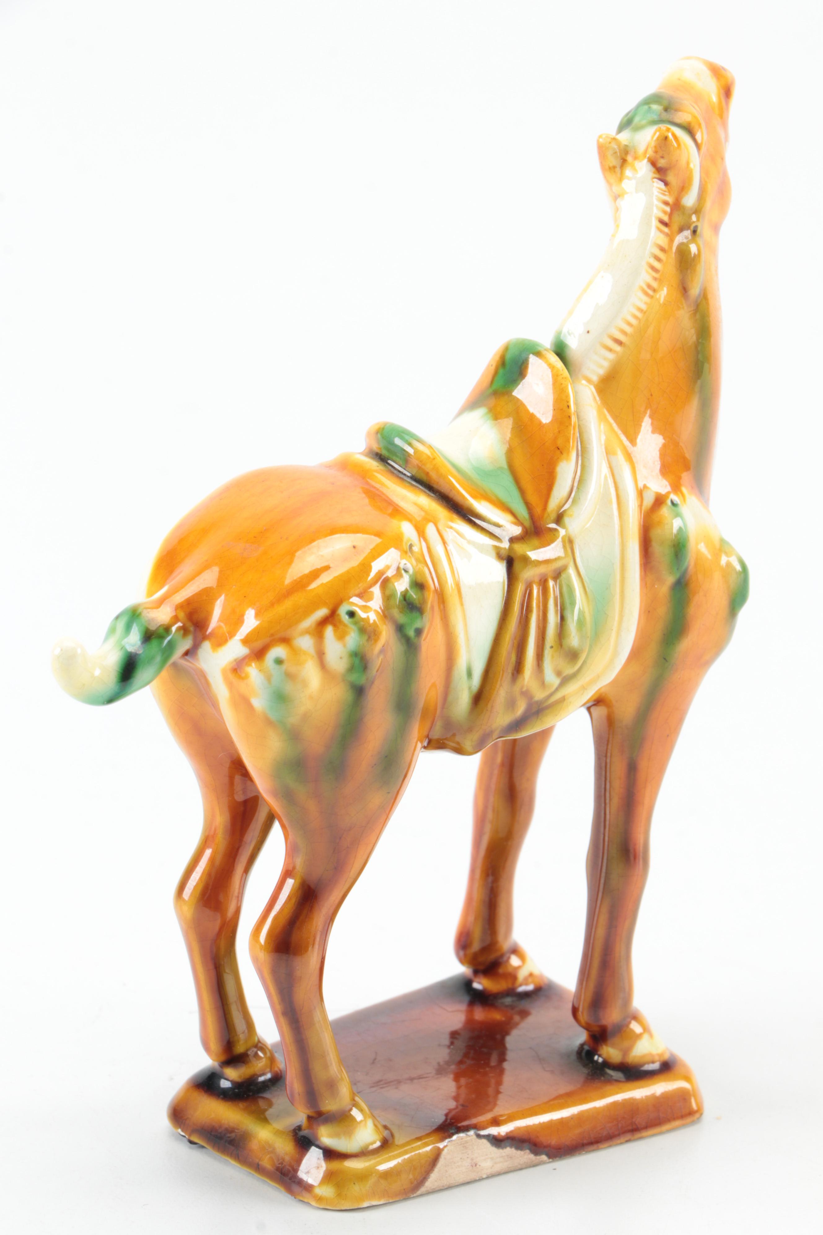 Chinese Shiwan Pottery Figurines with Sancai Glazed Tang Style Horse