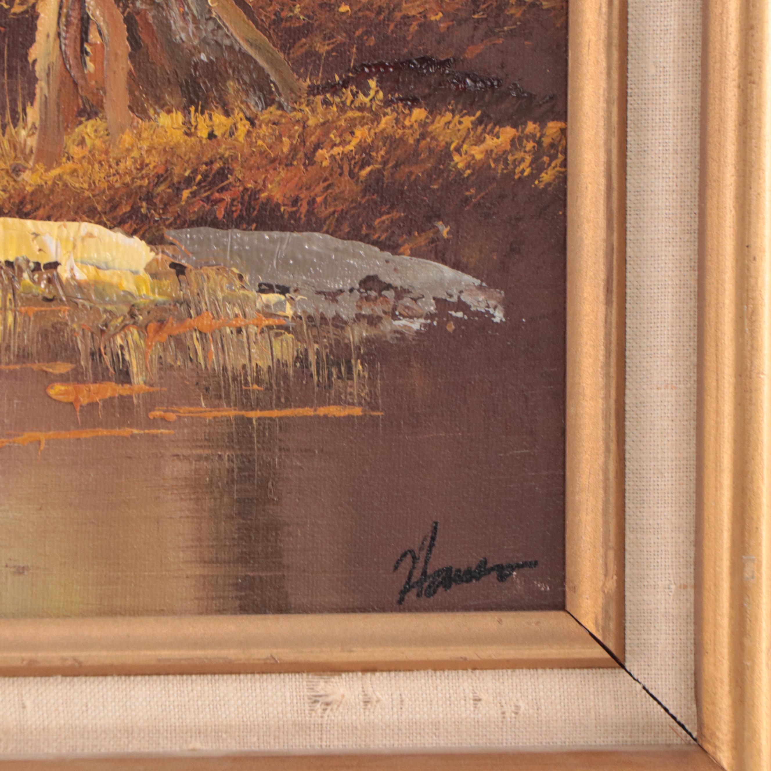 Landscape Oil Painting of Mountain Lake Scene