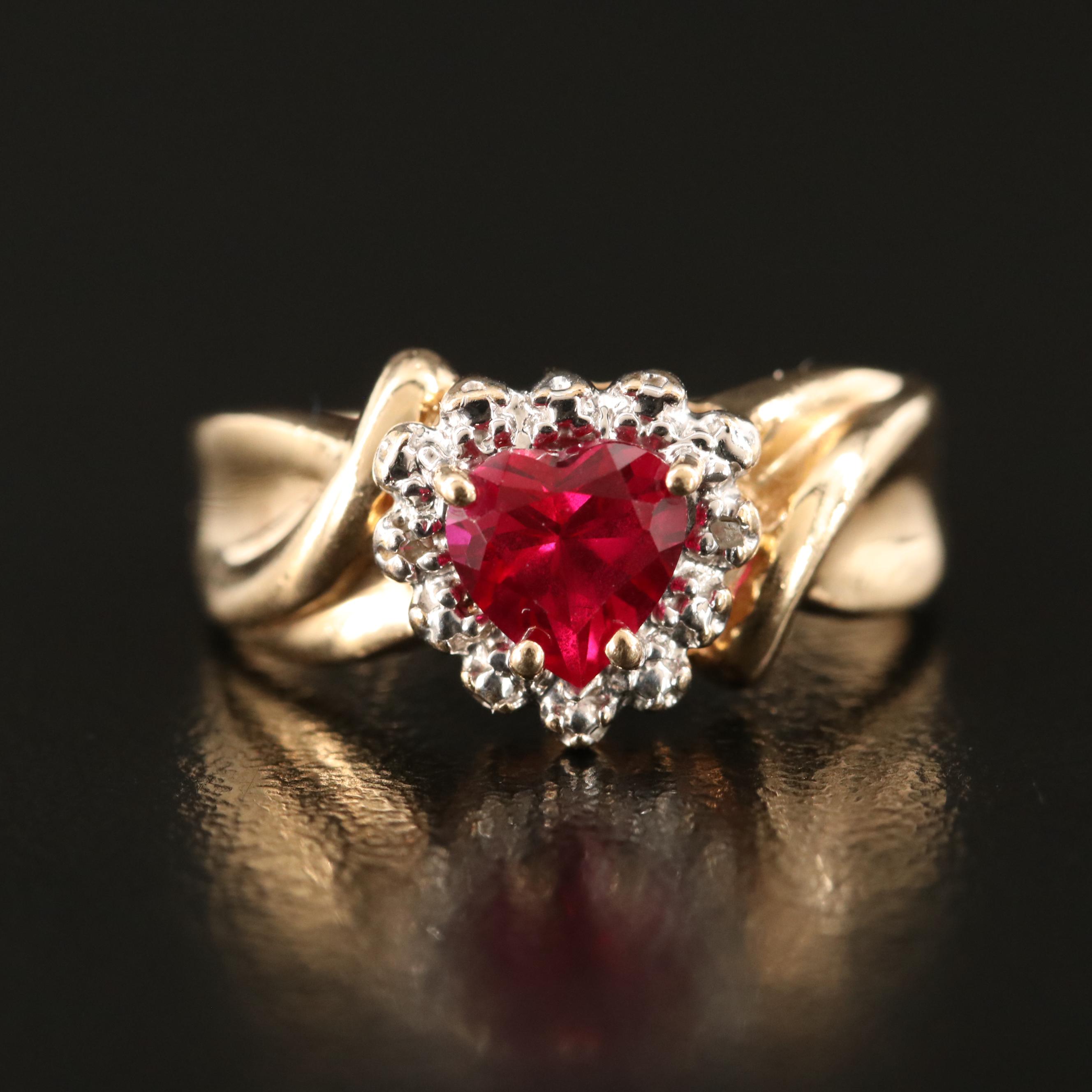 10K Ruby and Diamond Heart Halo Ring