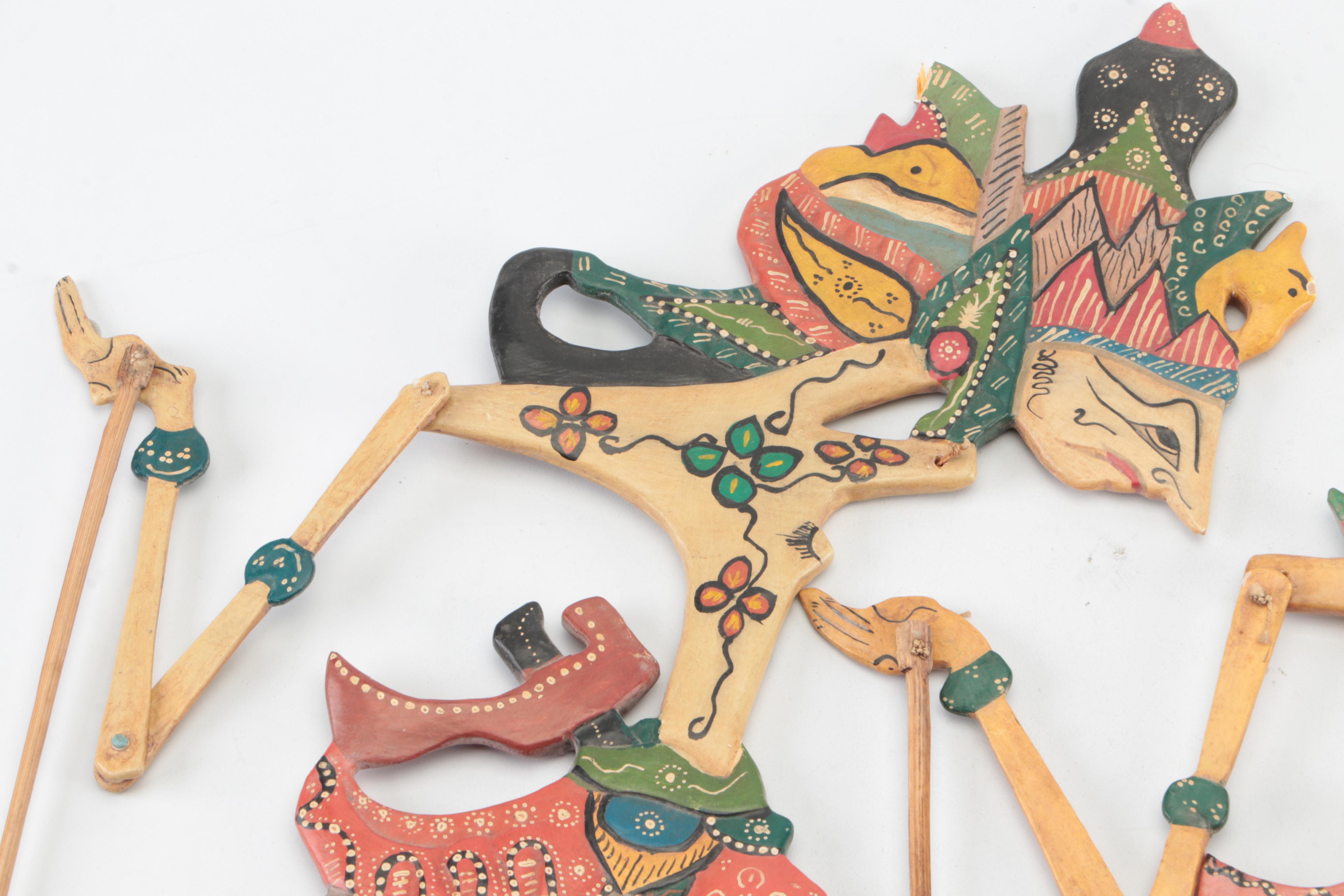 Indonesian Wayang Kulit Polychrome Carved Wood Puppets, 20th C.