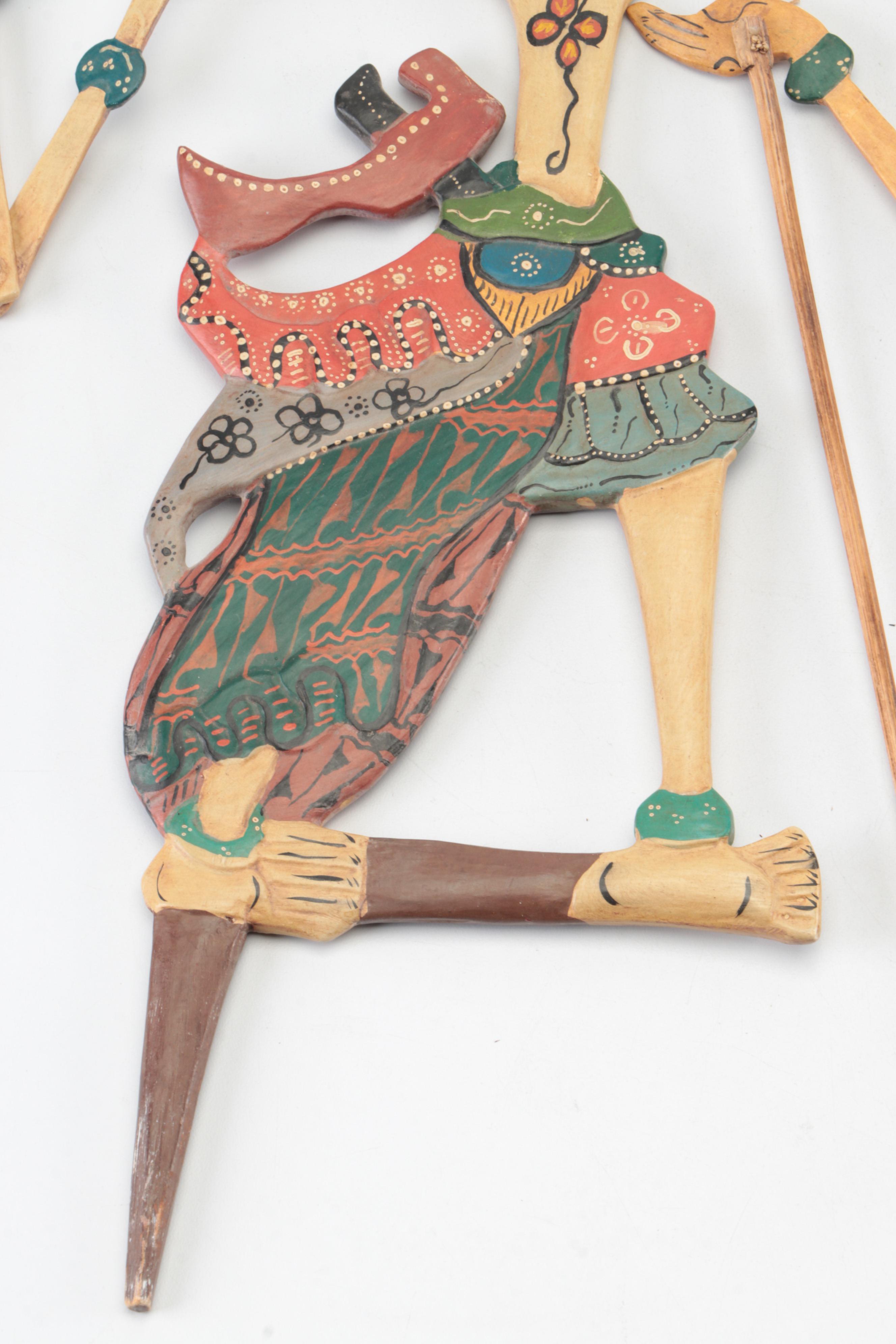 Indonesian Wayang Kulit Polychrome Carved Wood Puppets, 20th C.