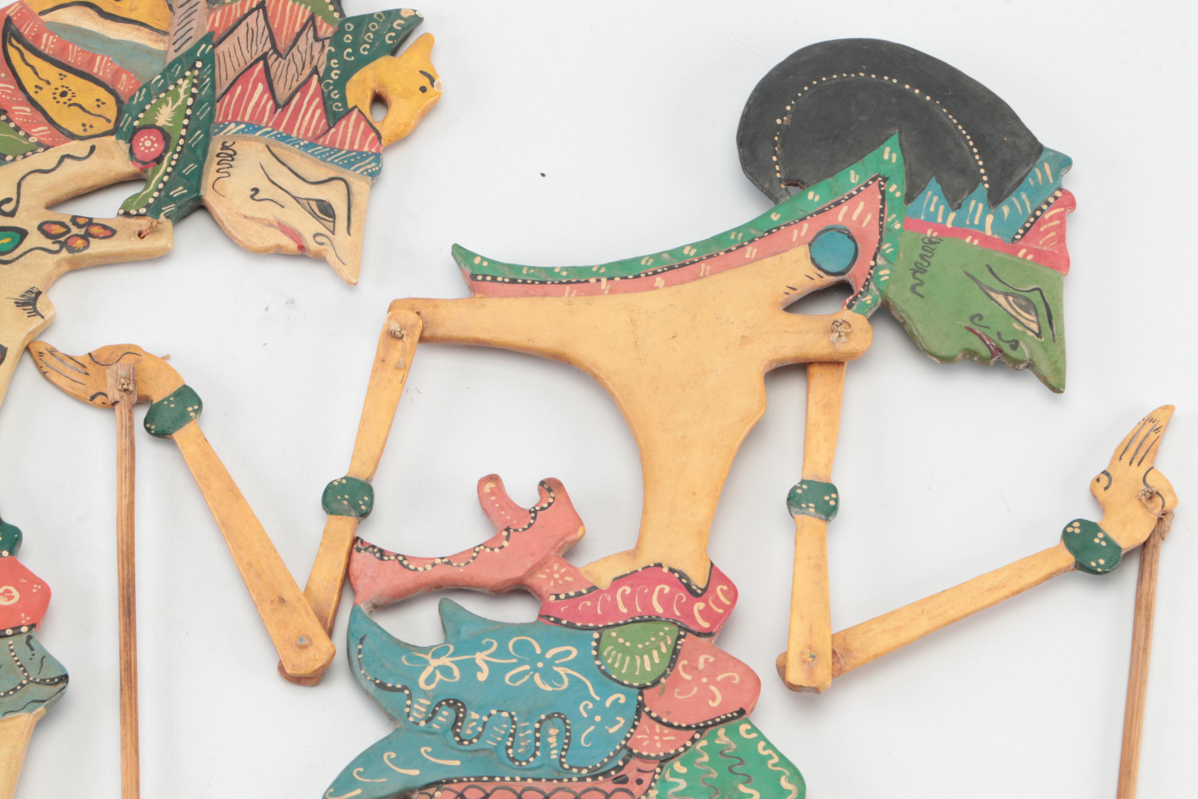 Indonesian Wayang Kulit Polychrome Carved Wood Puppets, 20th C.