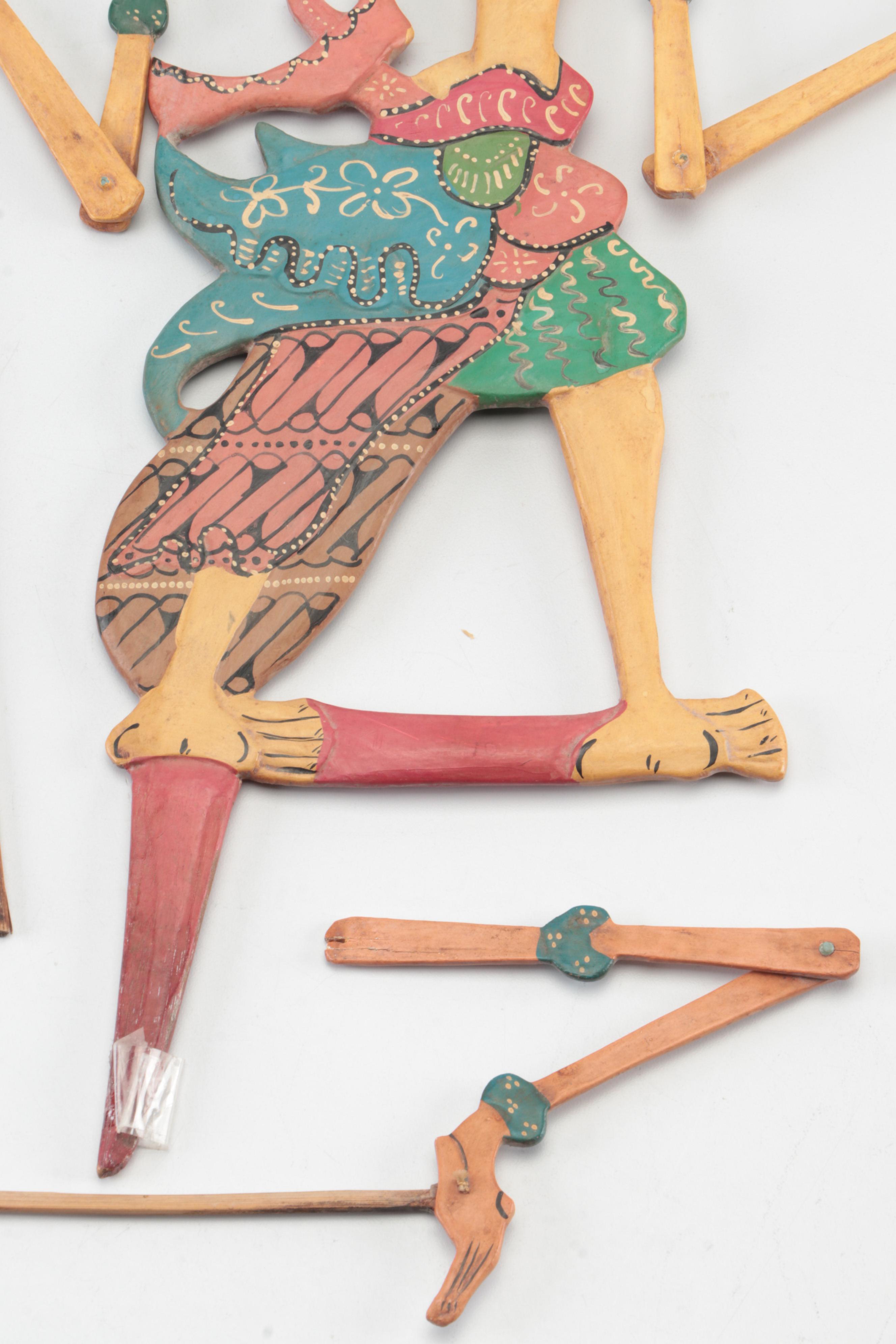 Indonesian Wayang Kulit Polychrome Carved Wood Puppets, 20th C.