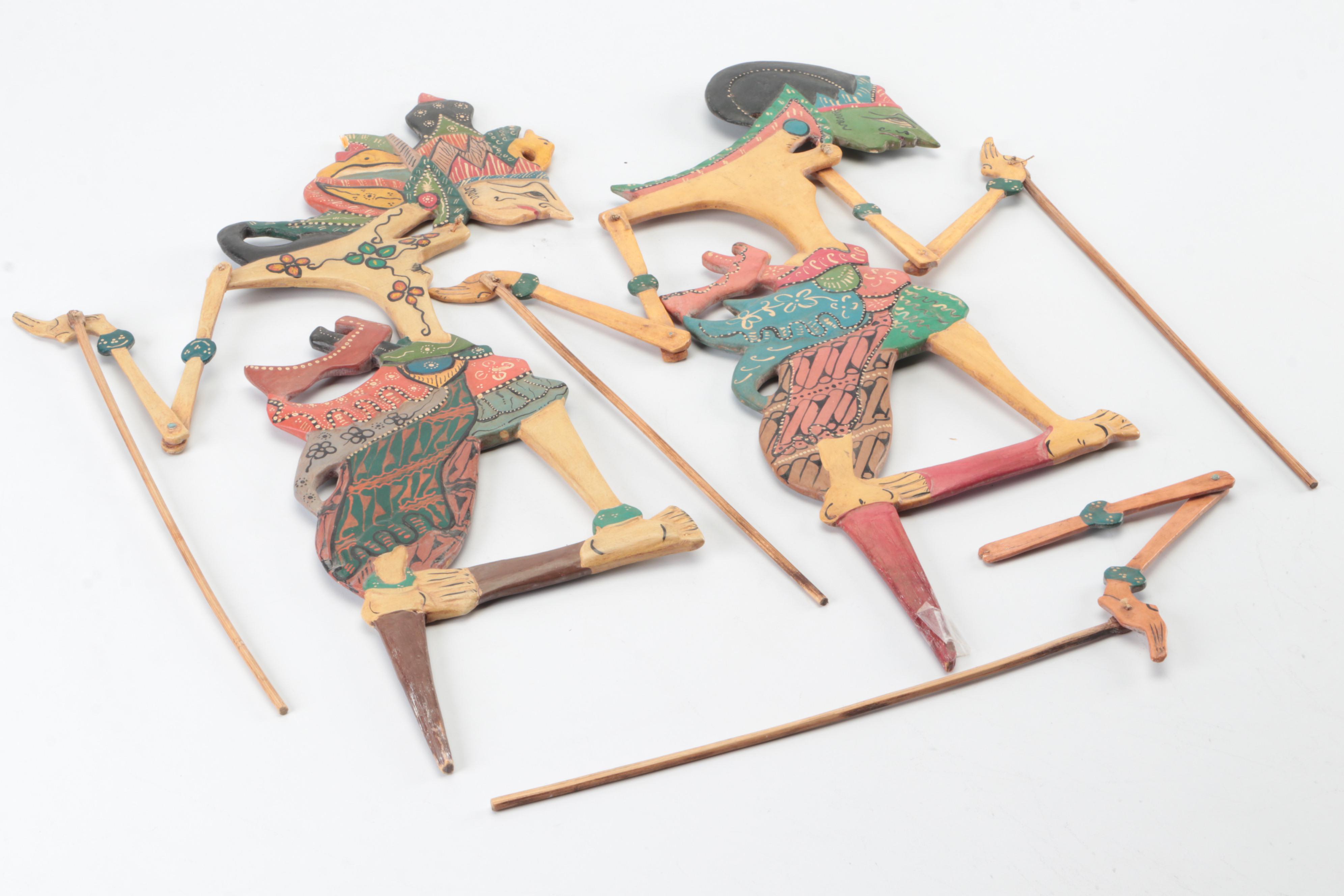 Indonesian Wayang Kulit Polychrome Carved Wood Puppets, 20th C.