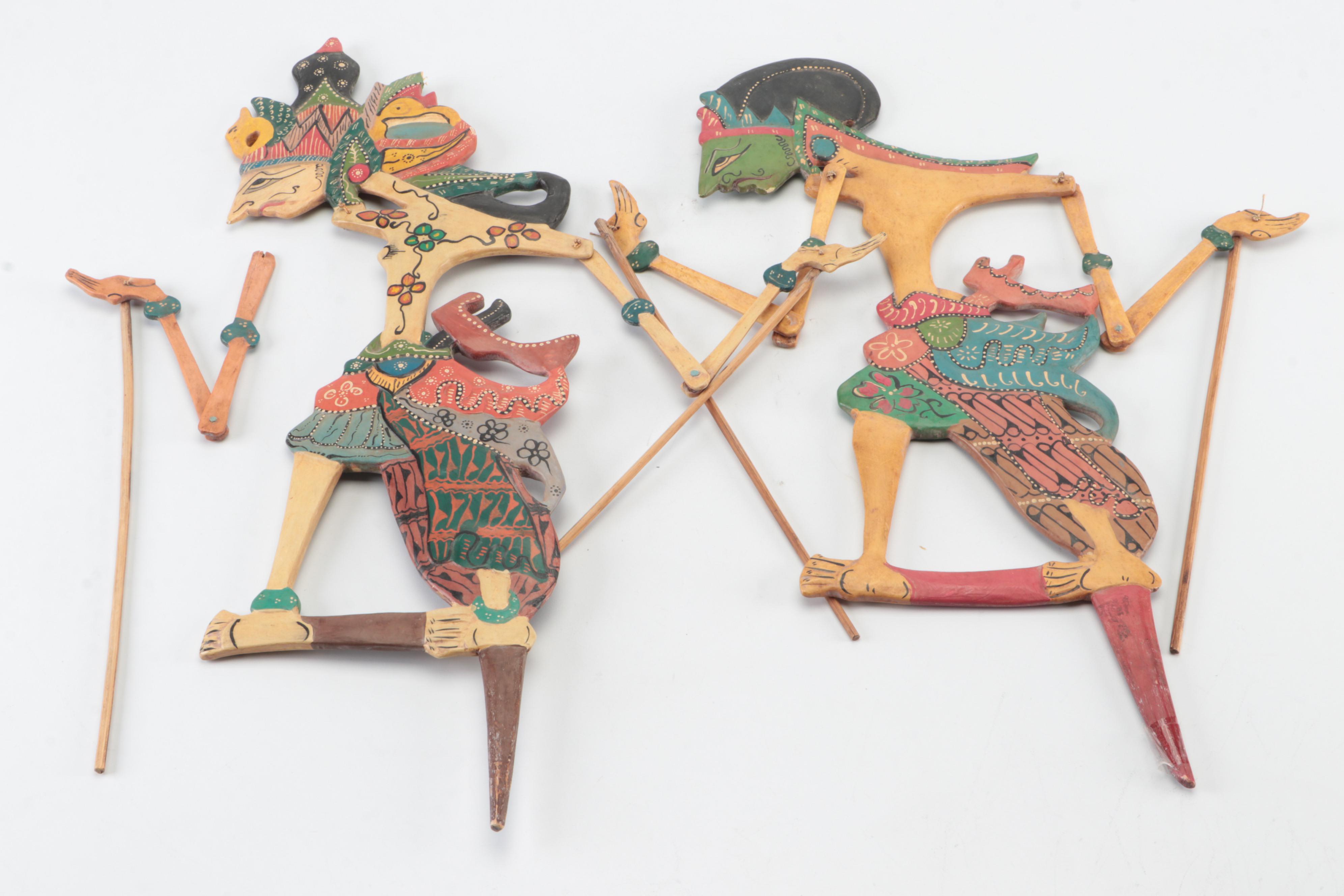 Indonesian Wayang Kulit Polychrome Carved Wood Puppets, 20th C.