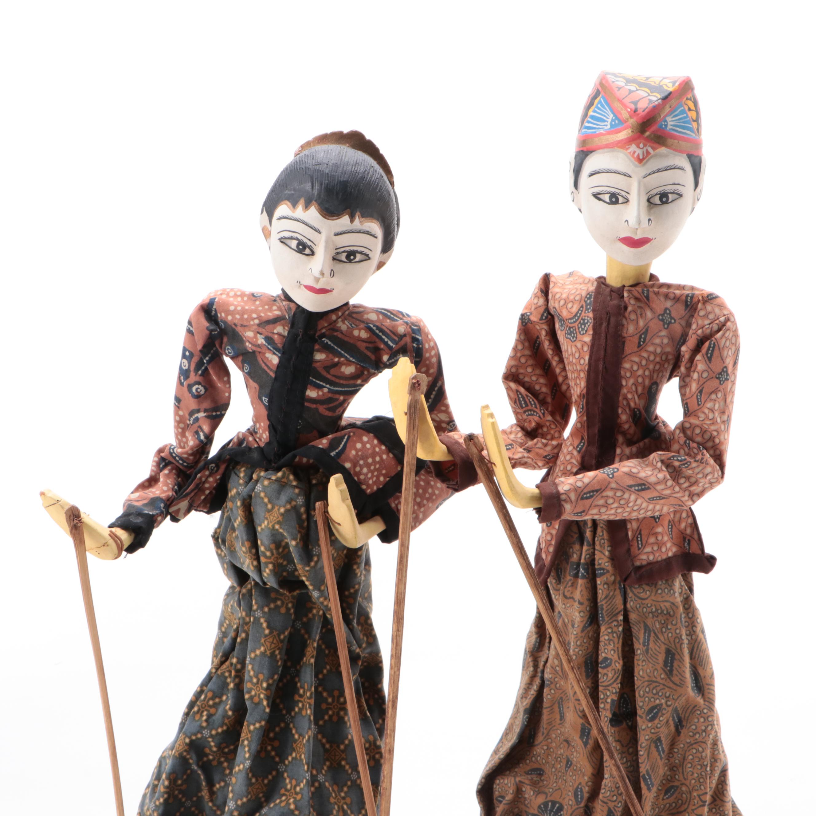 Indonesian Wayang Golek Polychrome Painted Carved Wood Stick Puppets