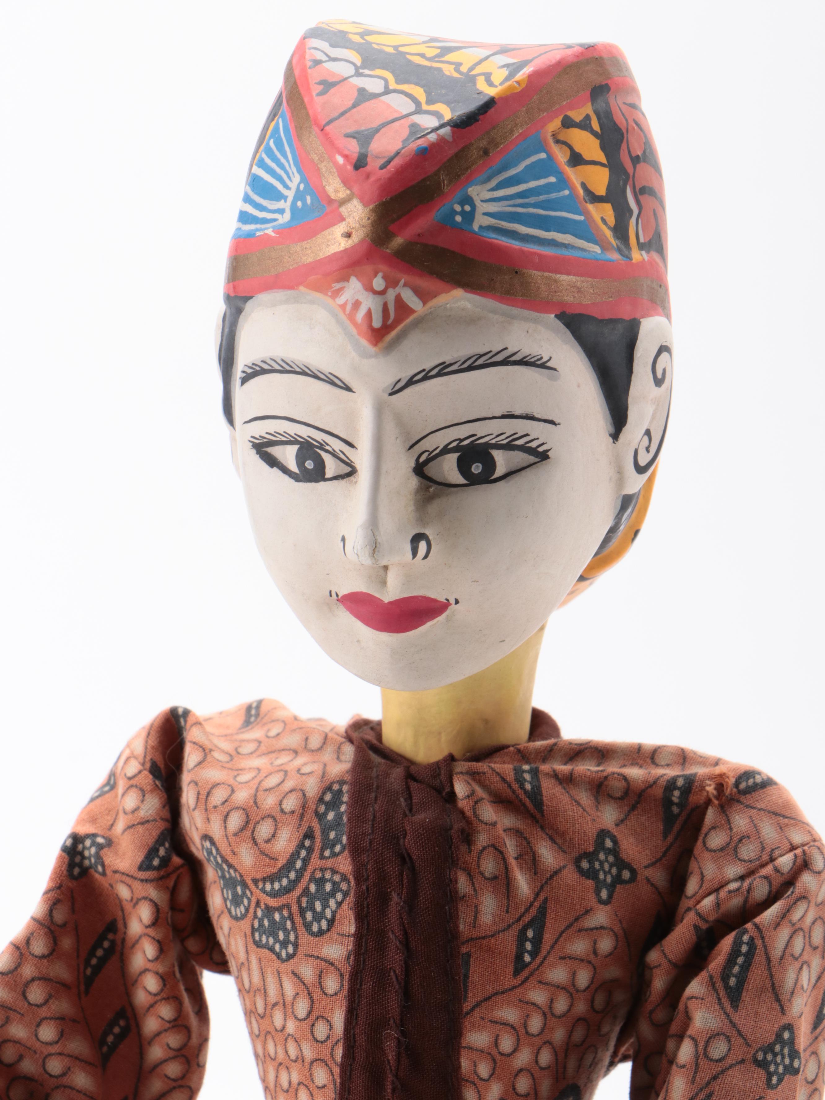 Indonesian Wayang Golek Polychrome Painted Carved Wood Stick Puppets