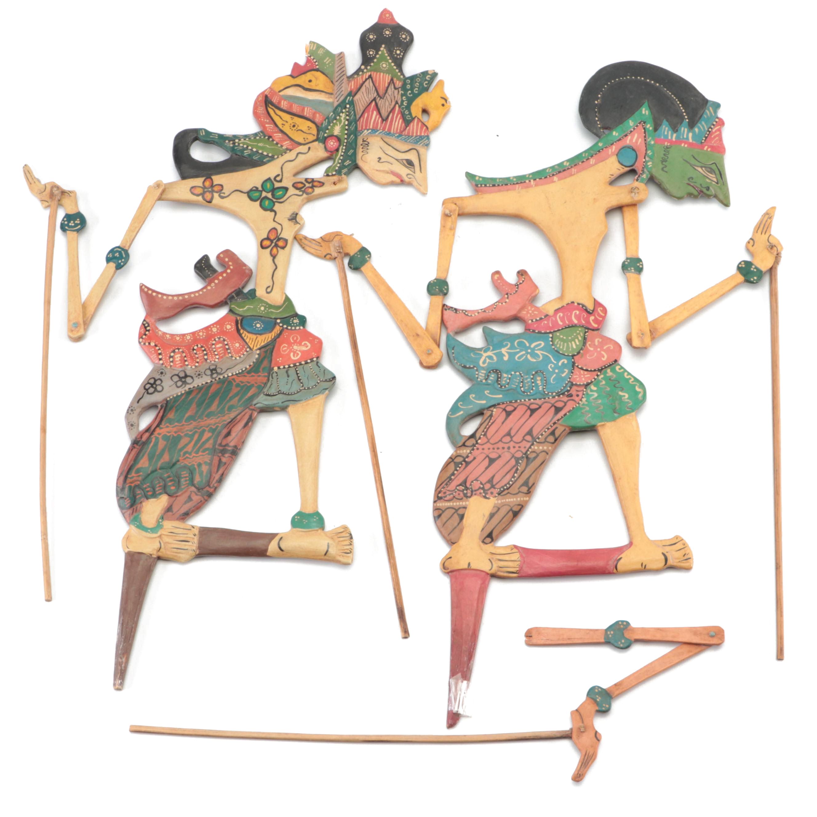 Indonesian Wayang Kulit Polychrome Carved Wood Puppets, 20th C.