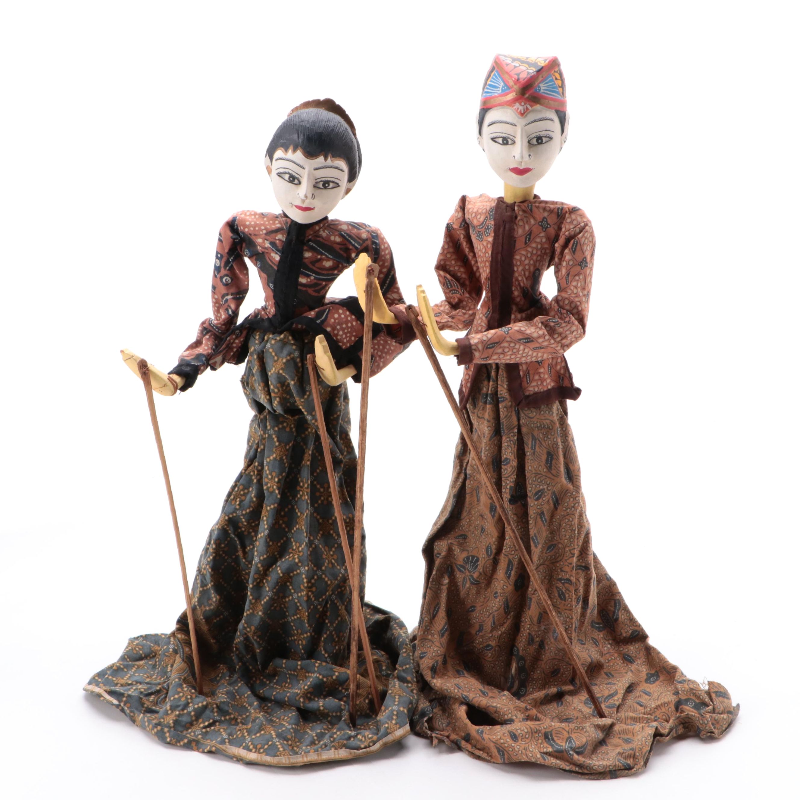 Indonesian Wayang Golek Polychrome Painted Carved Wood Stick Puppets