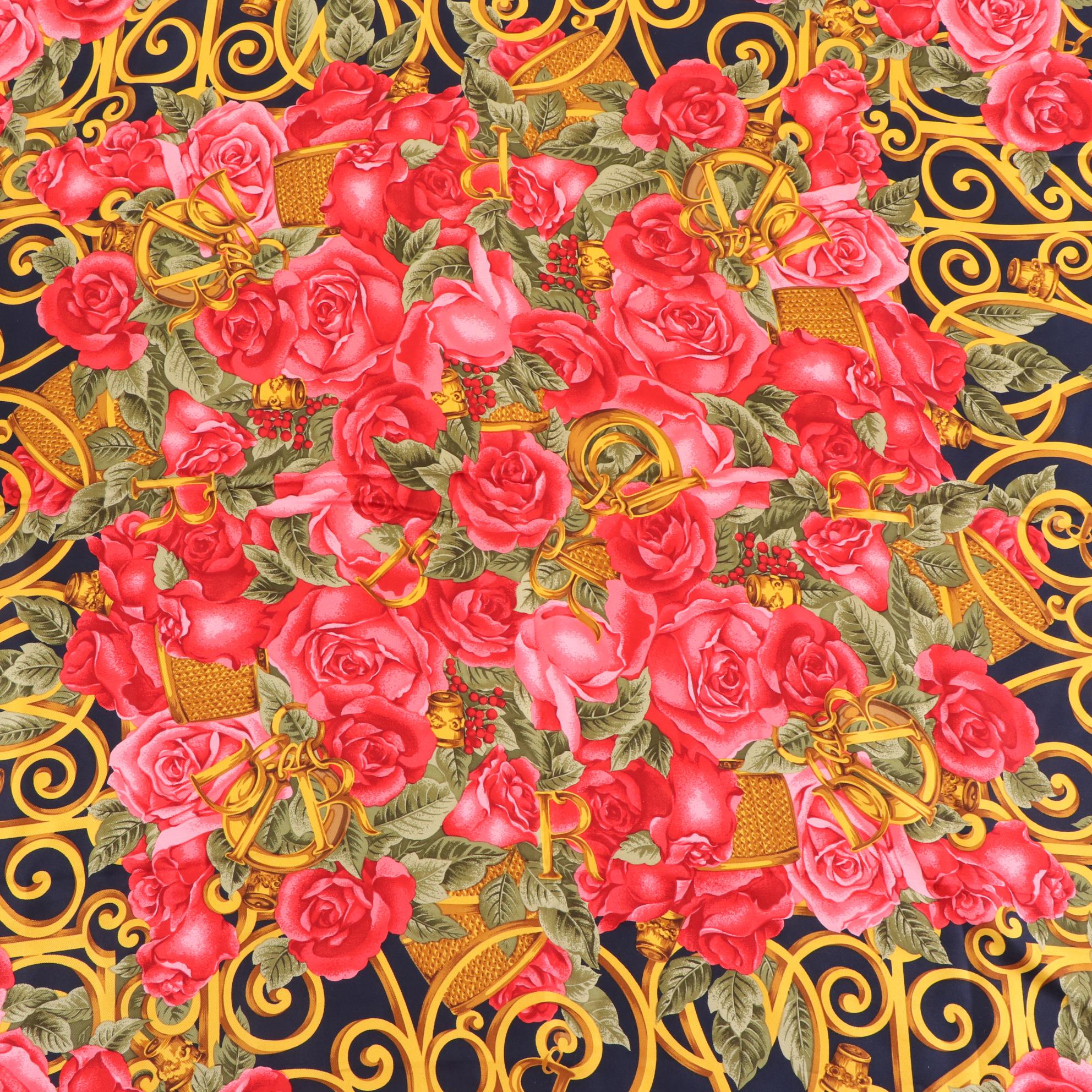 Christian Dior Square Scarf in Floral and Filigree Print Silk Twill
