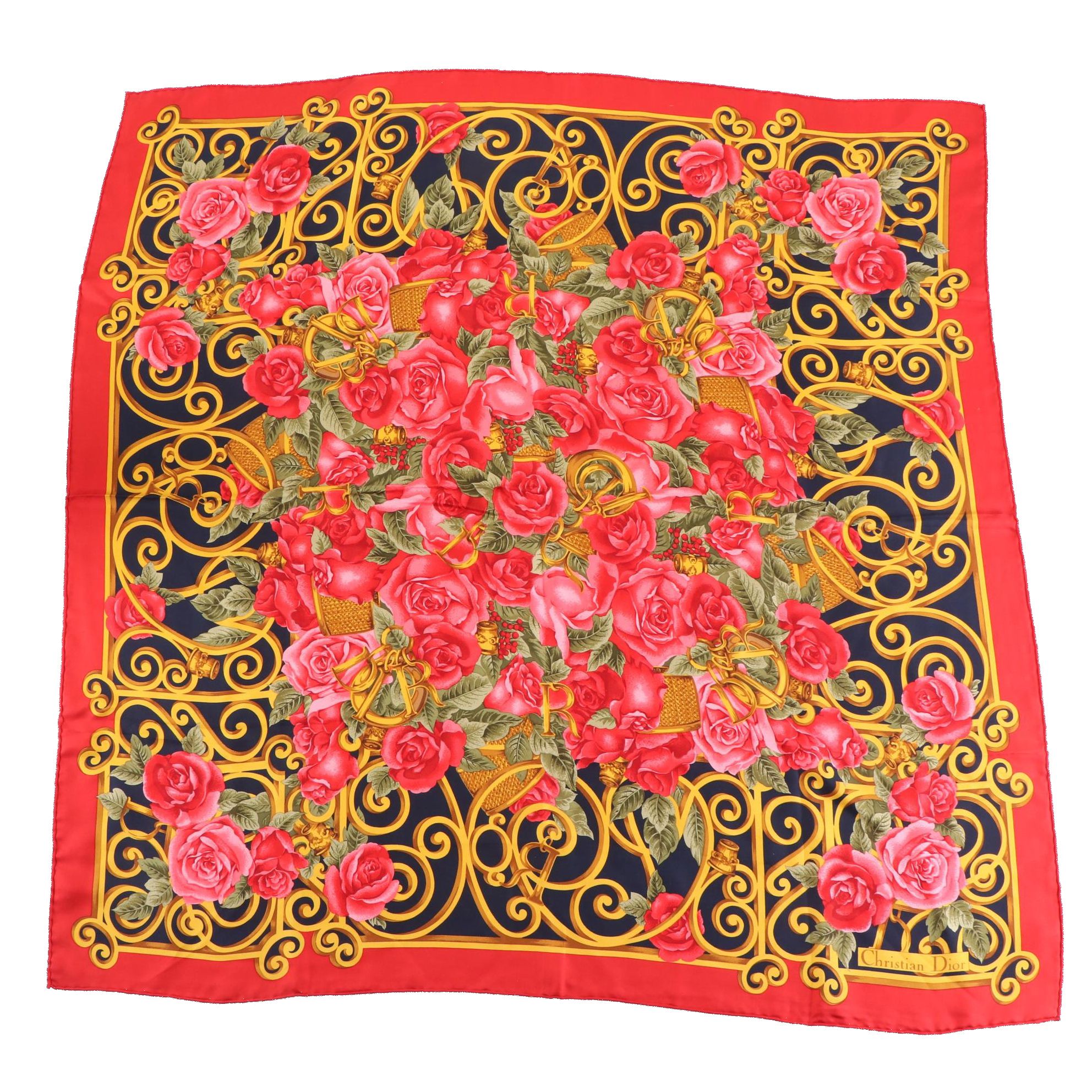 Christian Dior Square Scarf in Floral and Filigree Print Silk Twill