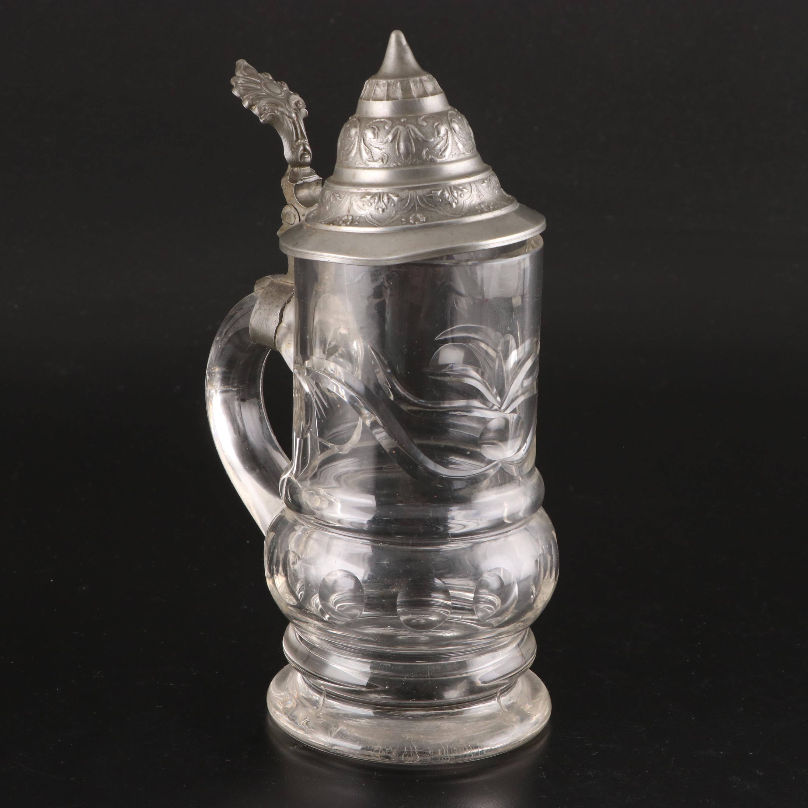 German Etched Glass Beer Mug with Other Sterling and Silver Plate Décor