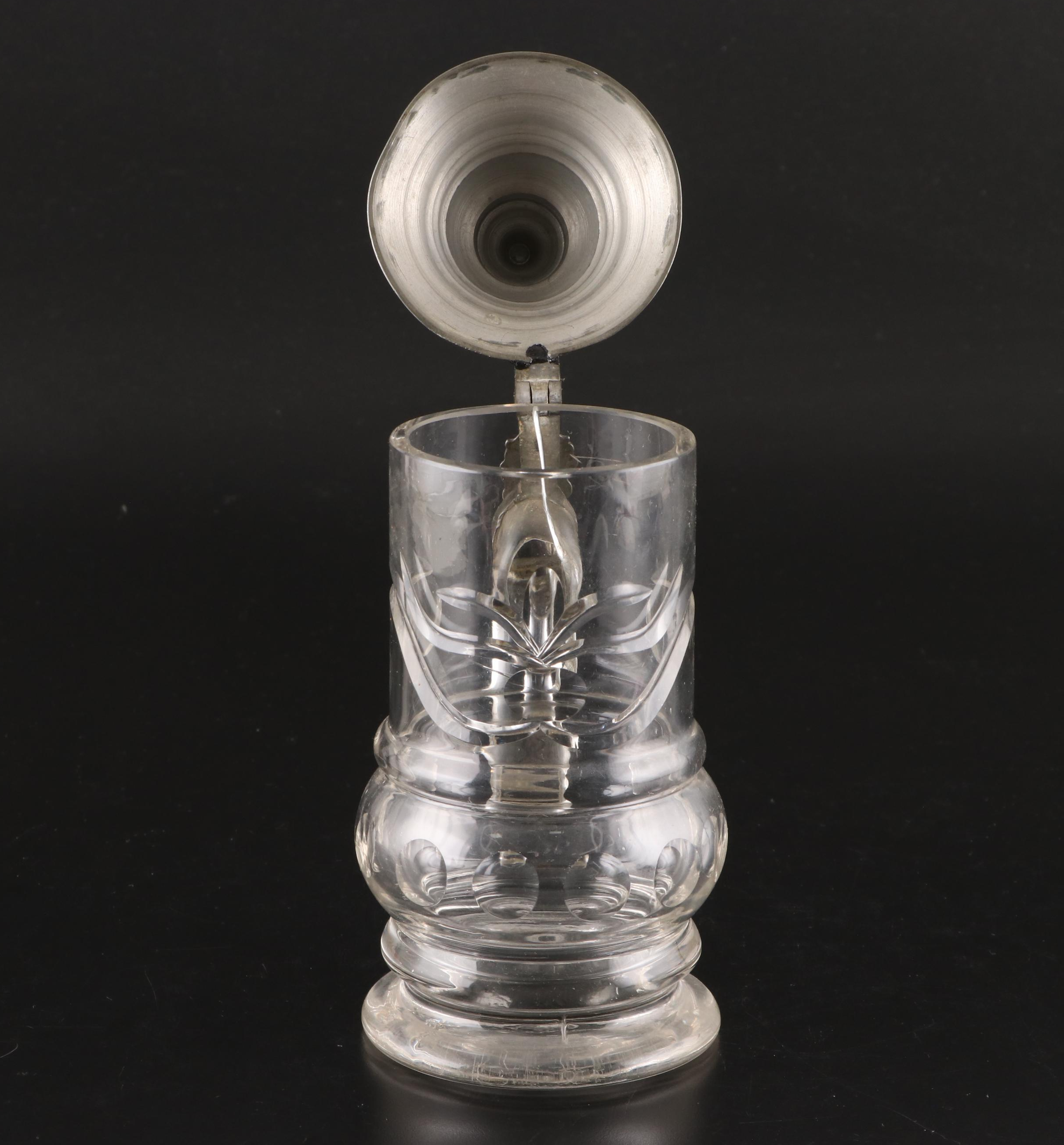 German Etched Glass Beer Mug with Other Sterling and Silver Plate Décor