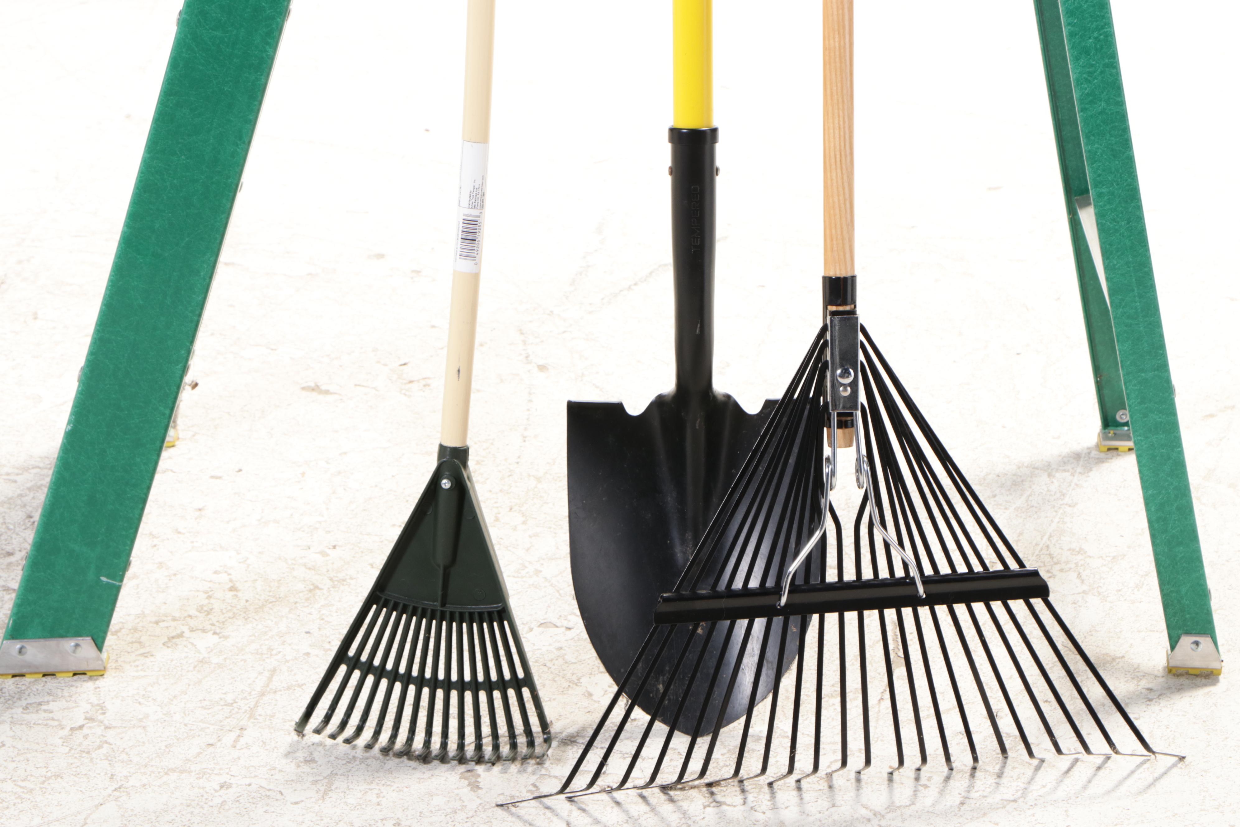 Louisville Ladder Co. Step Ladder with Rake, Shovel, Shears