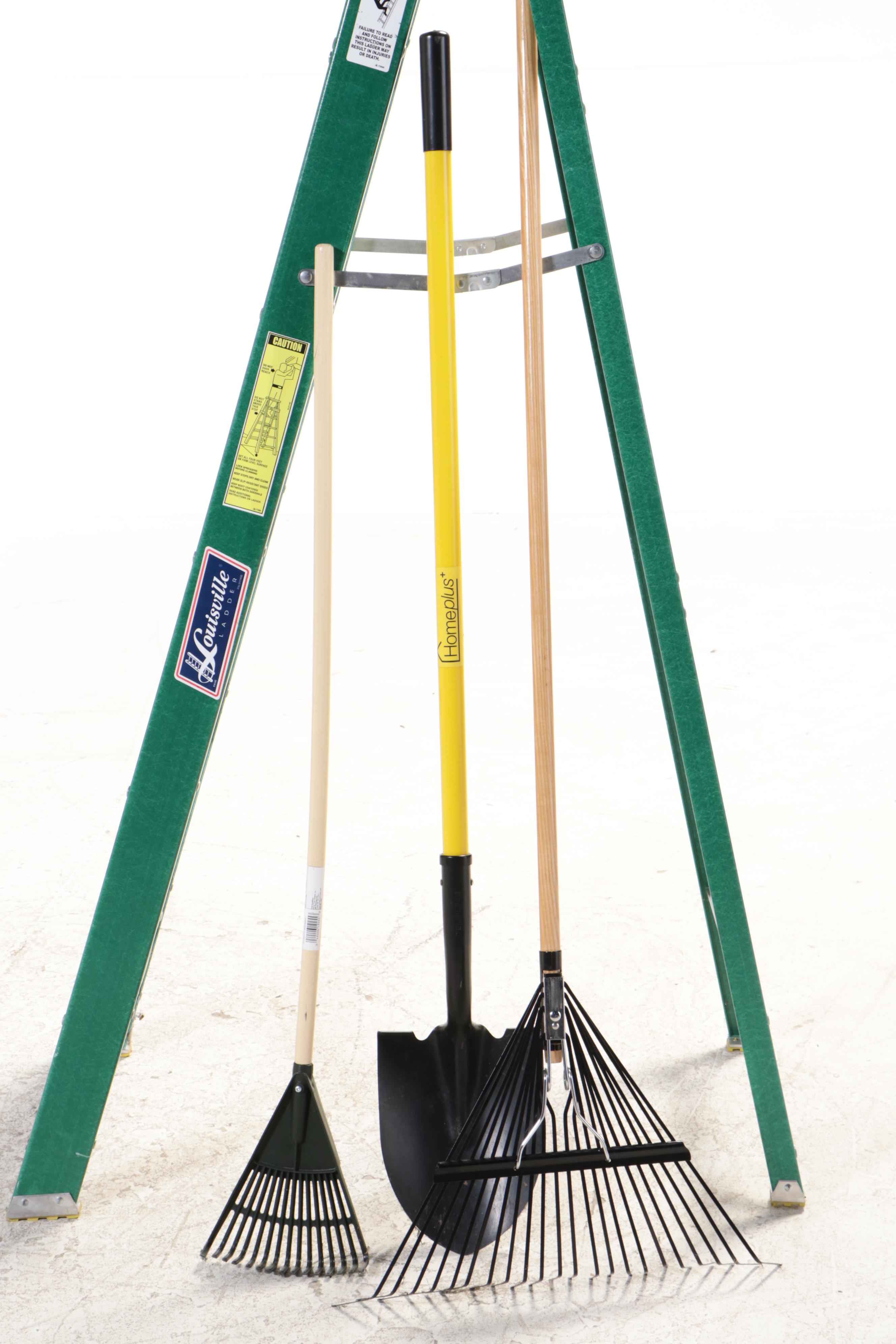 Louisville Ladder Co. Step Ladder with Rake, Shovel, Shears