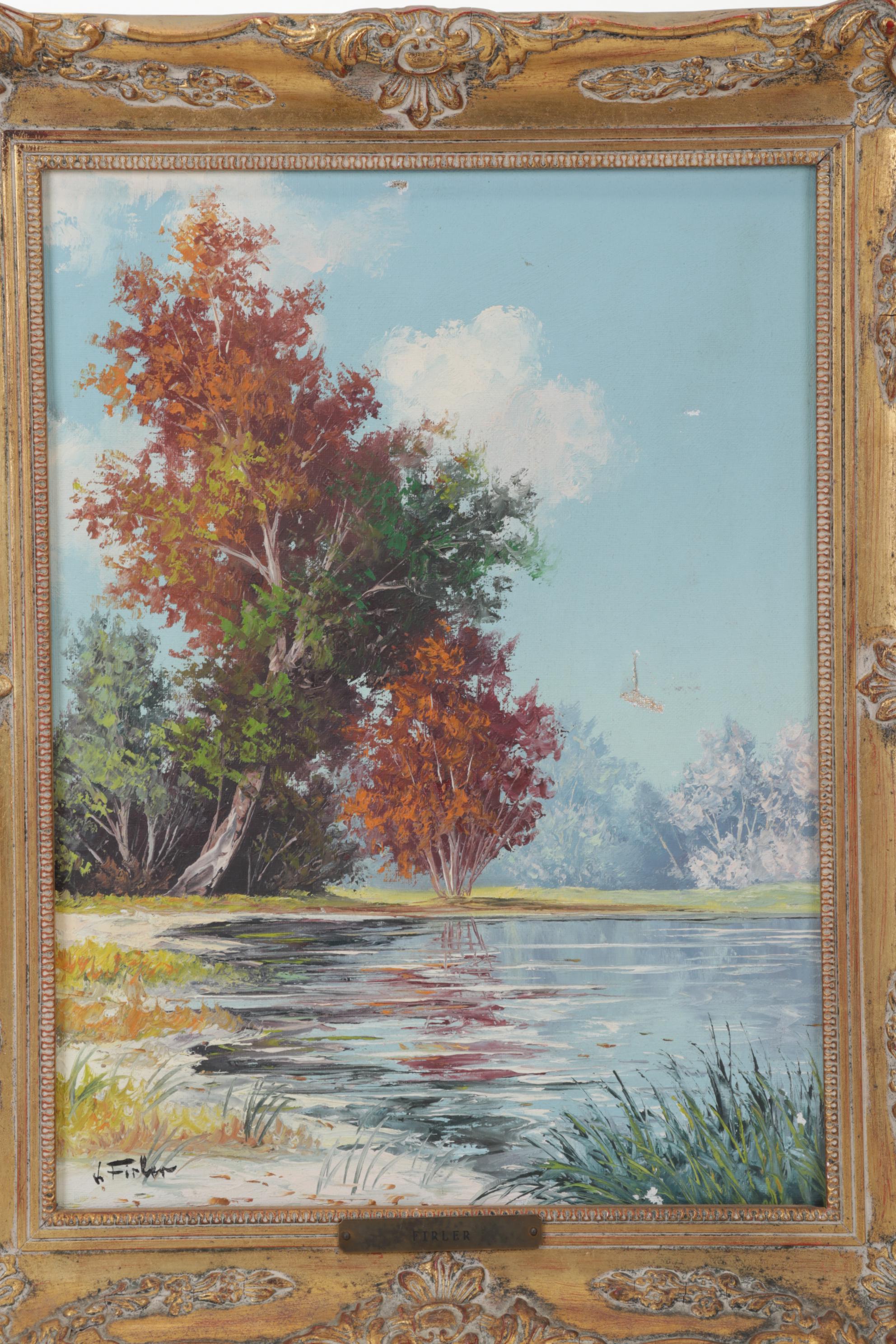 J. Firler Rural Lake Shore Oil Painting, Mid-20th Century