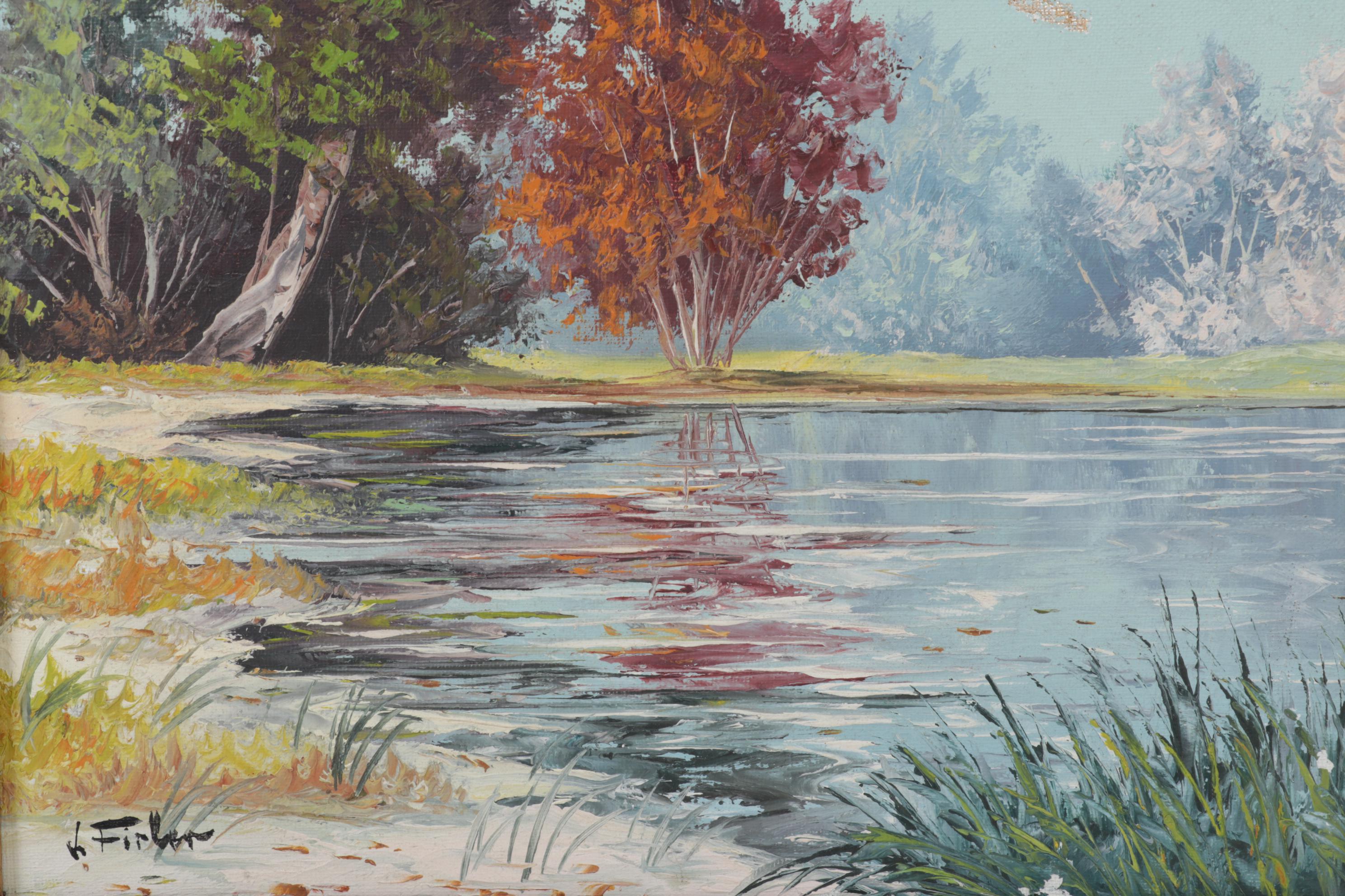 J. Firler Rural Lake Shore Oil Painting, Mid-20th Century