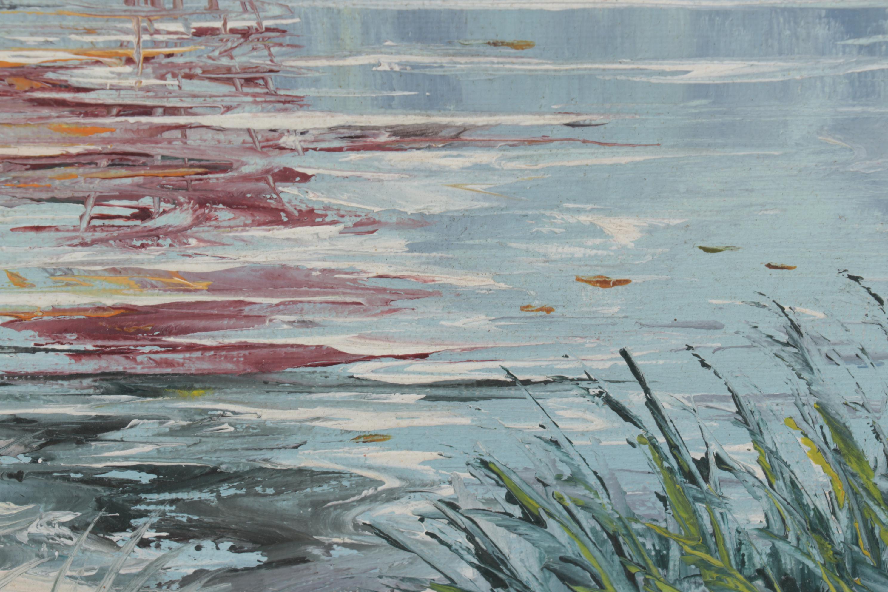 J. Firler Rural Lake Shore Oil Painting, Mid-20th Century