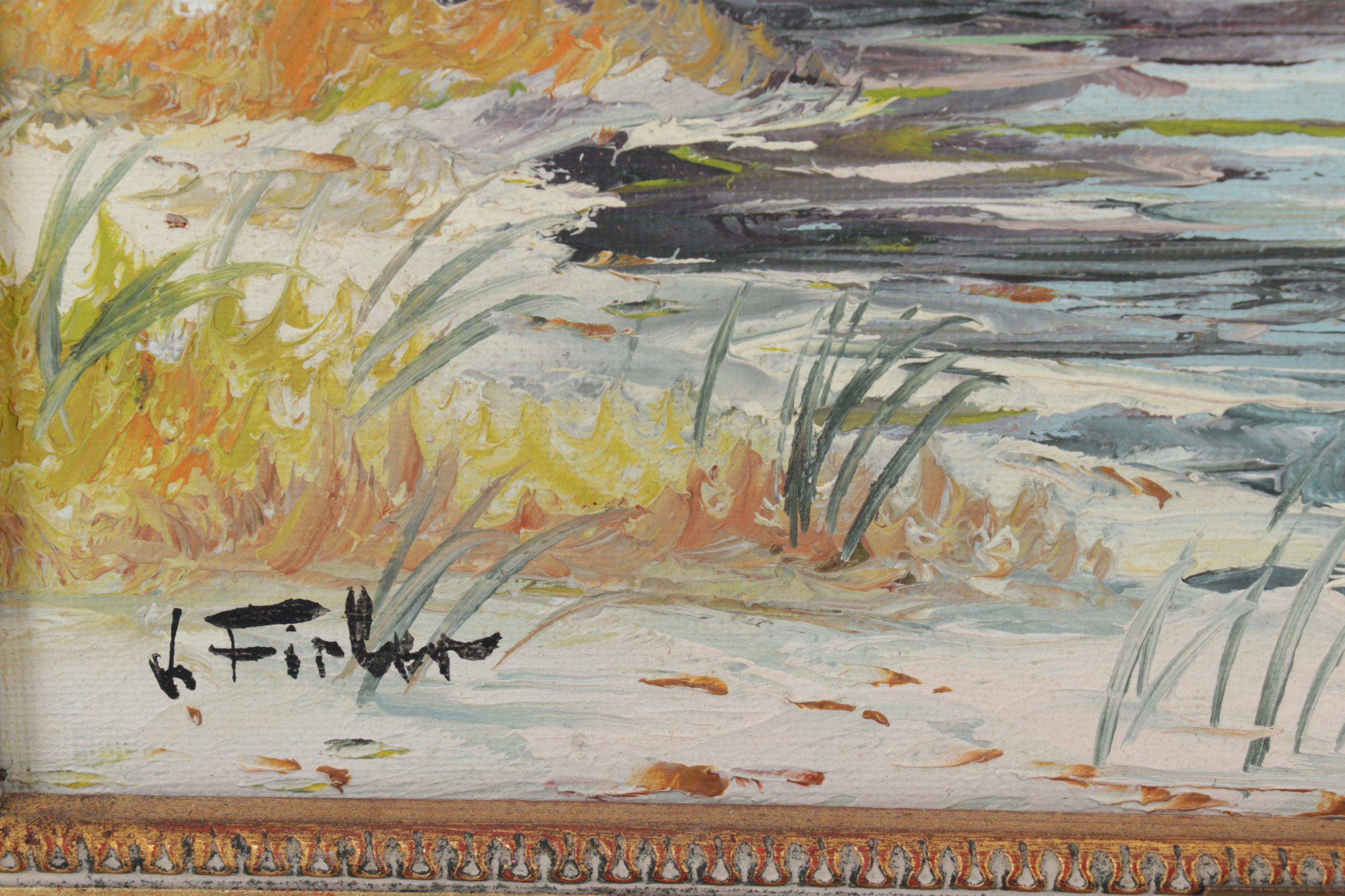 J. Firler Rural Lake Shore Oil Painting, Mid-20th Century