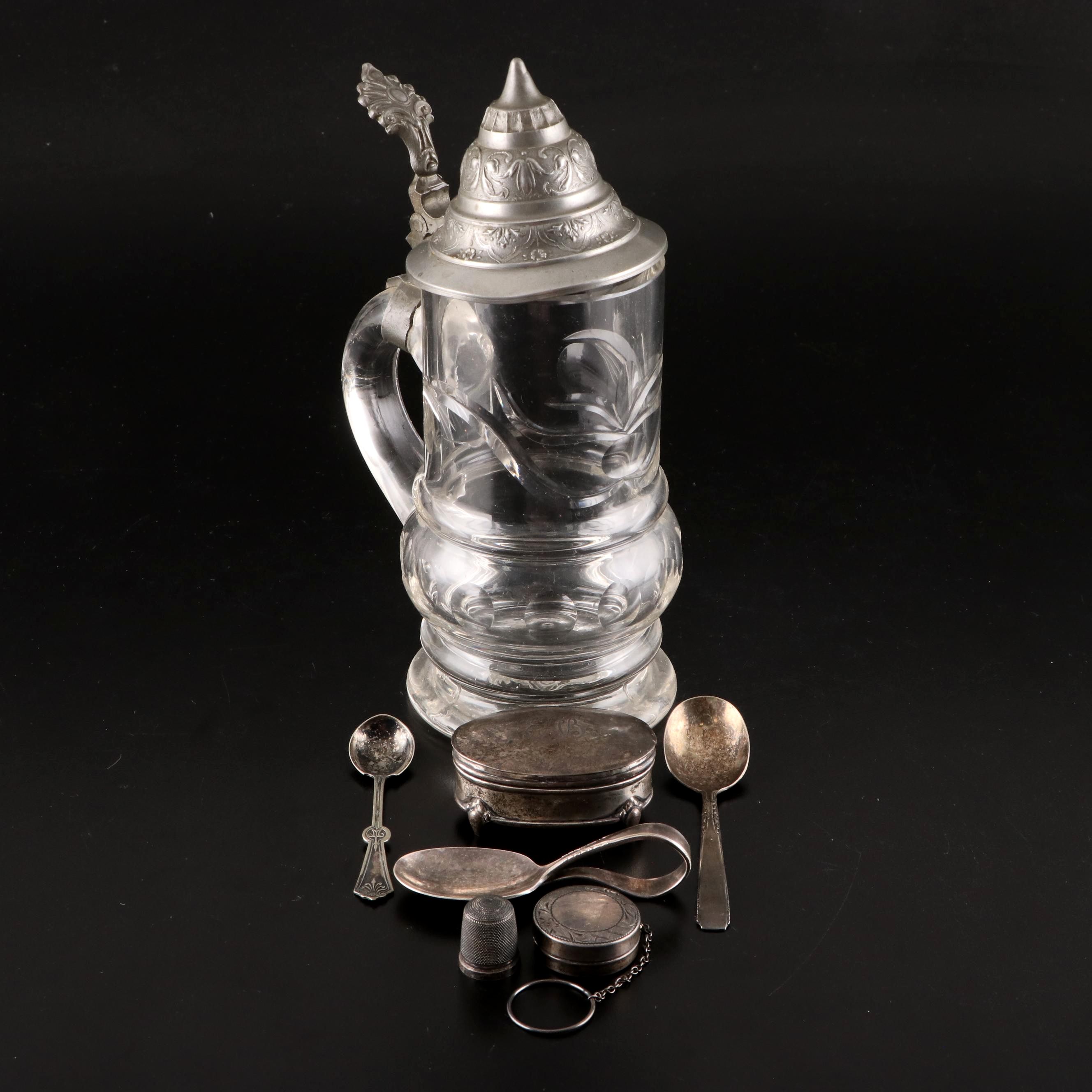 German Etched Glass Beer Mug with Other Sterling and Silver Plate Décor