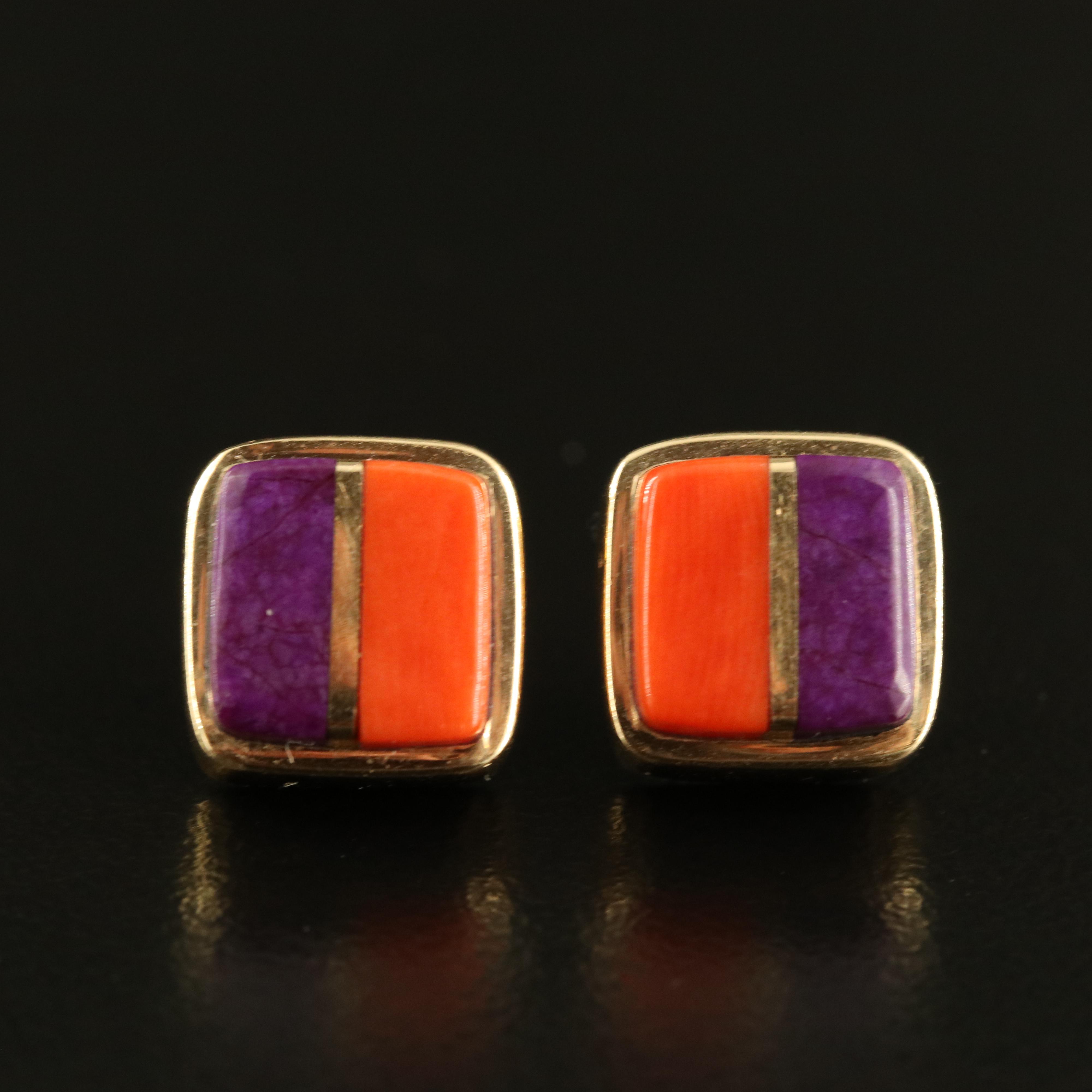 Charles Loloma Hopi 14K Coral and Sugilite Earrings