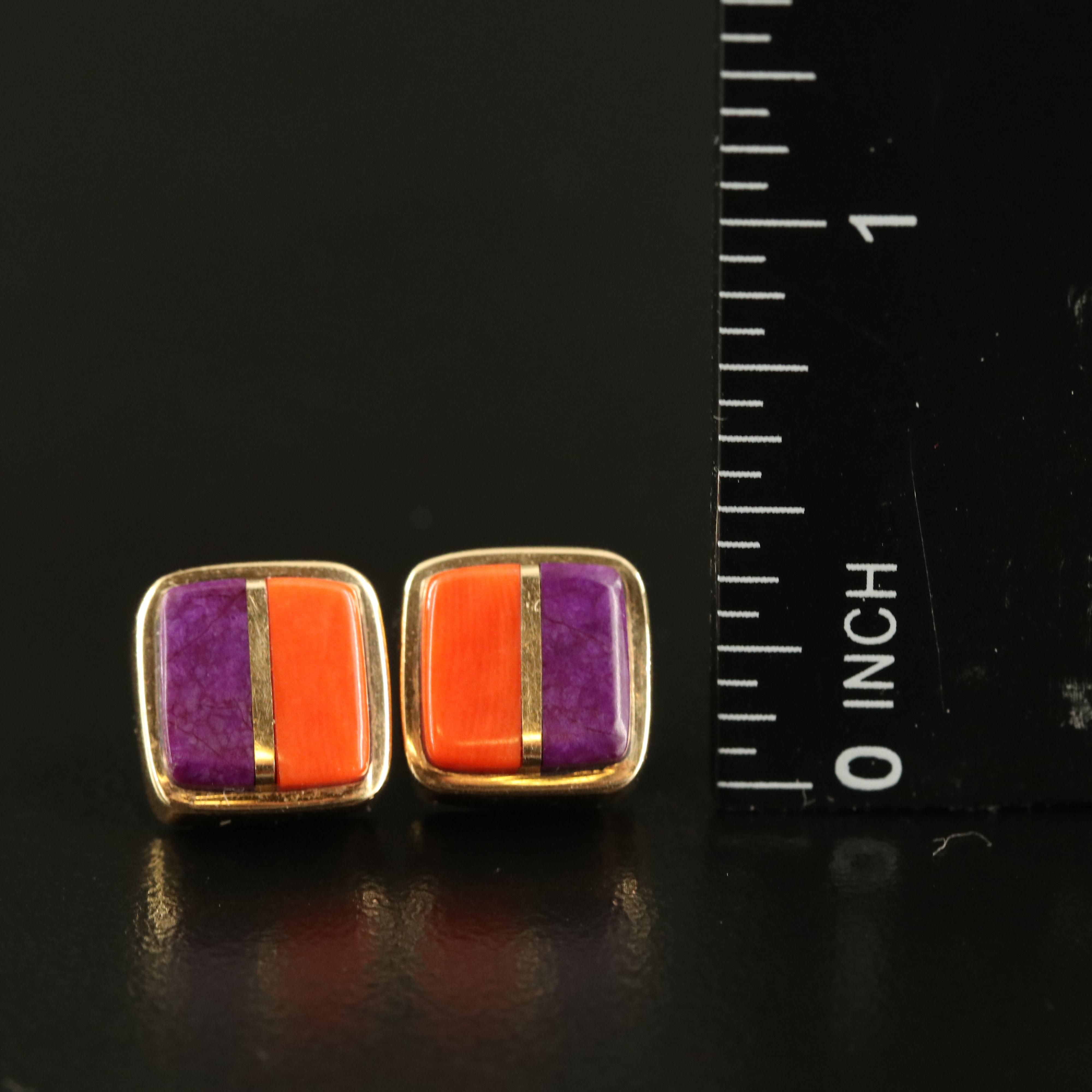 Charles Loloma Hopi 14K Coral and Sugilite Earrings