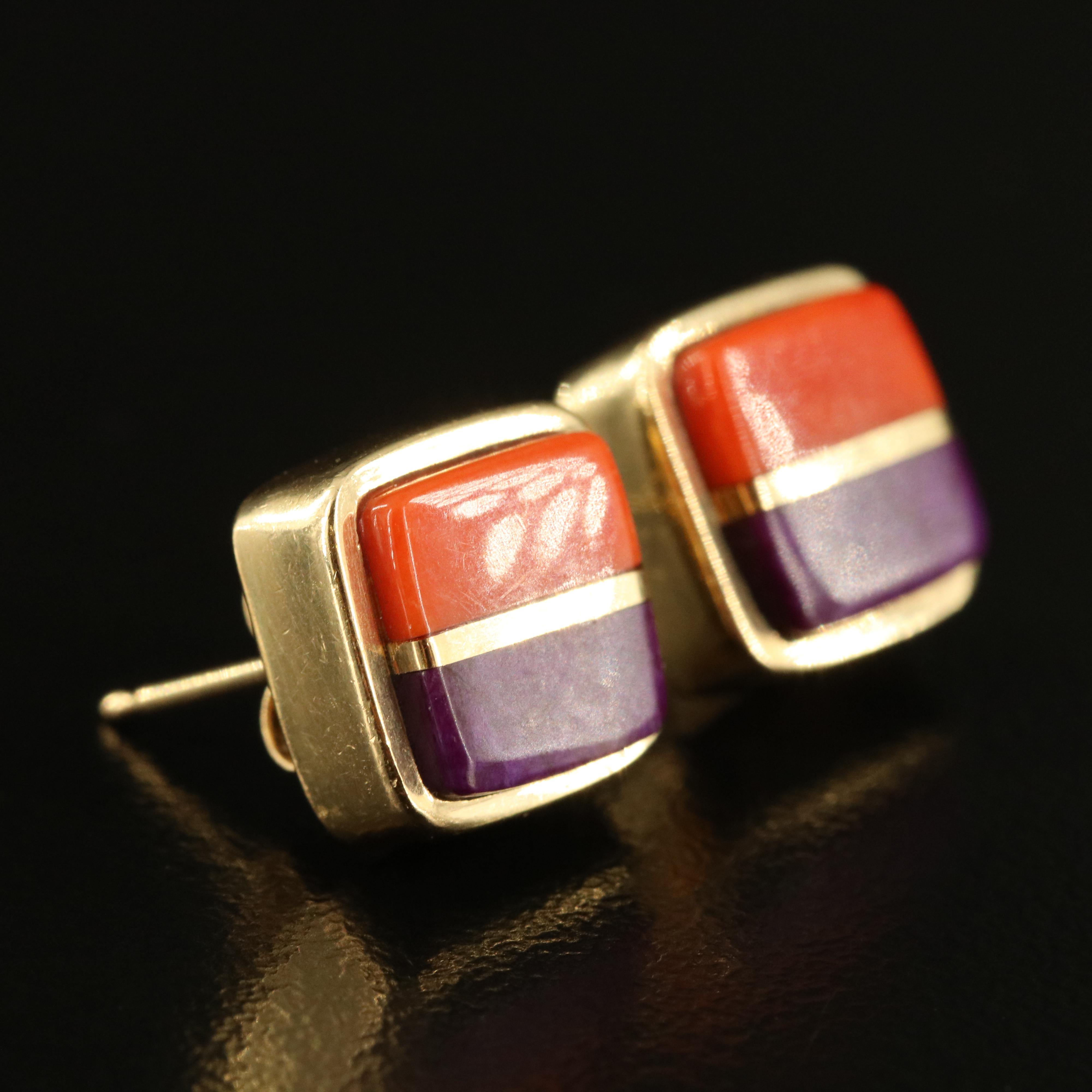 Charles Loloma Hopi 14K Coral and Sugilite Earrings