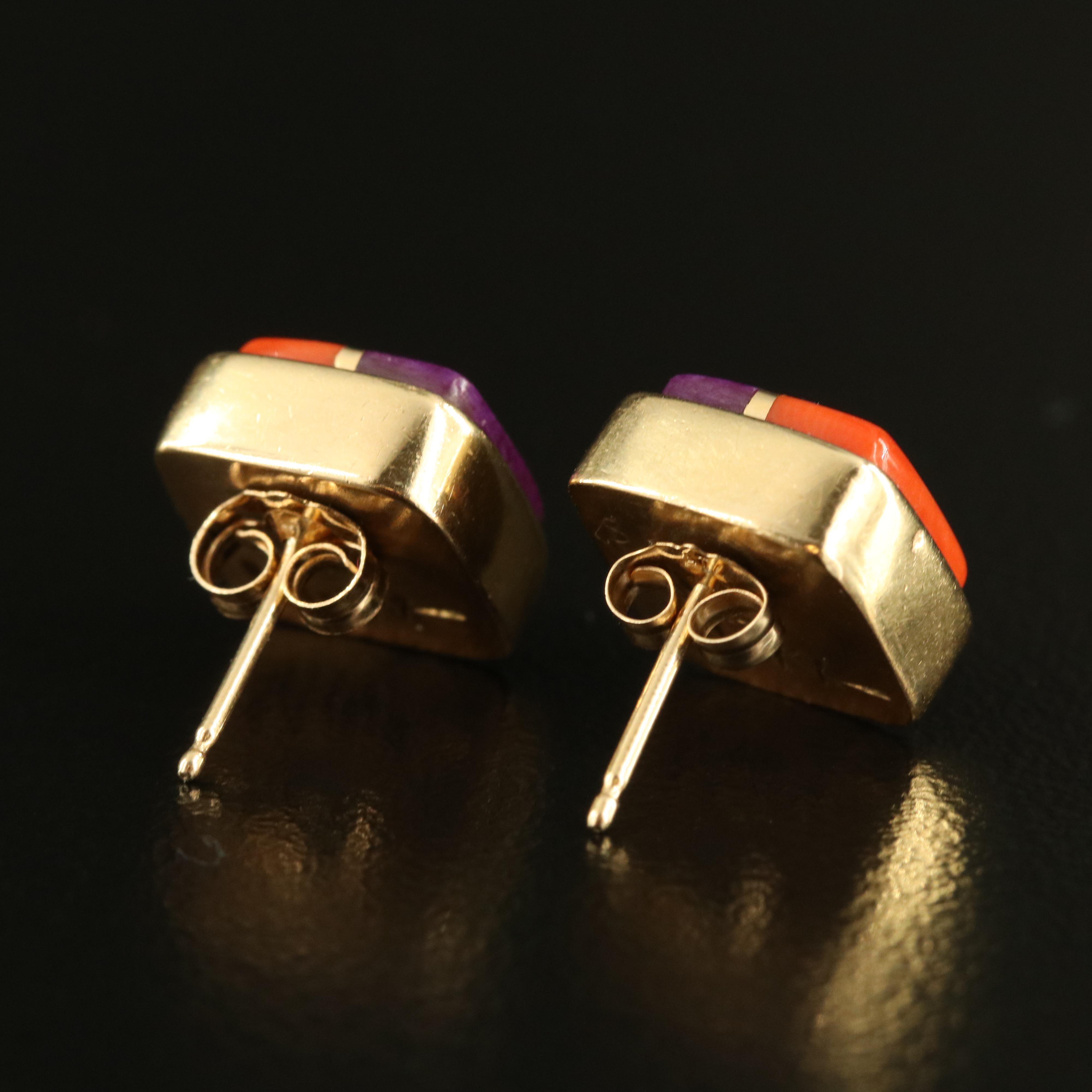 Charles Loloma Hopi 14K Coral and Sugilite Earrings