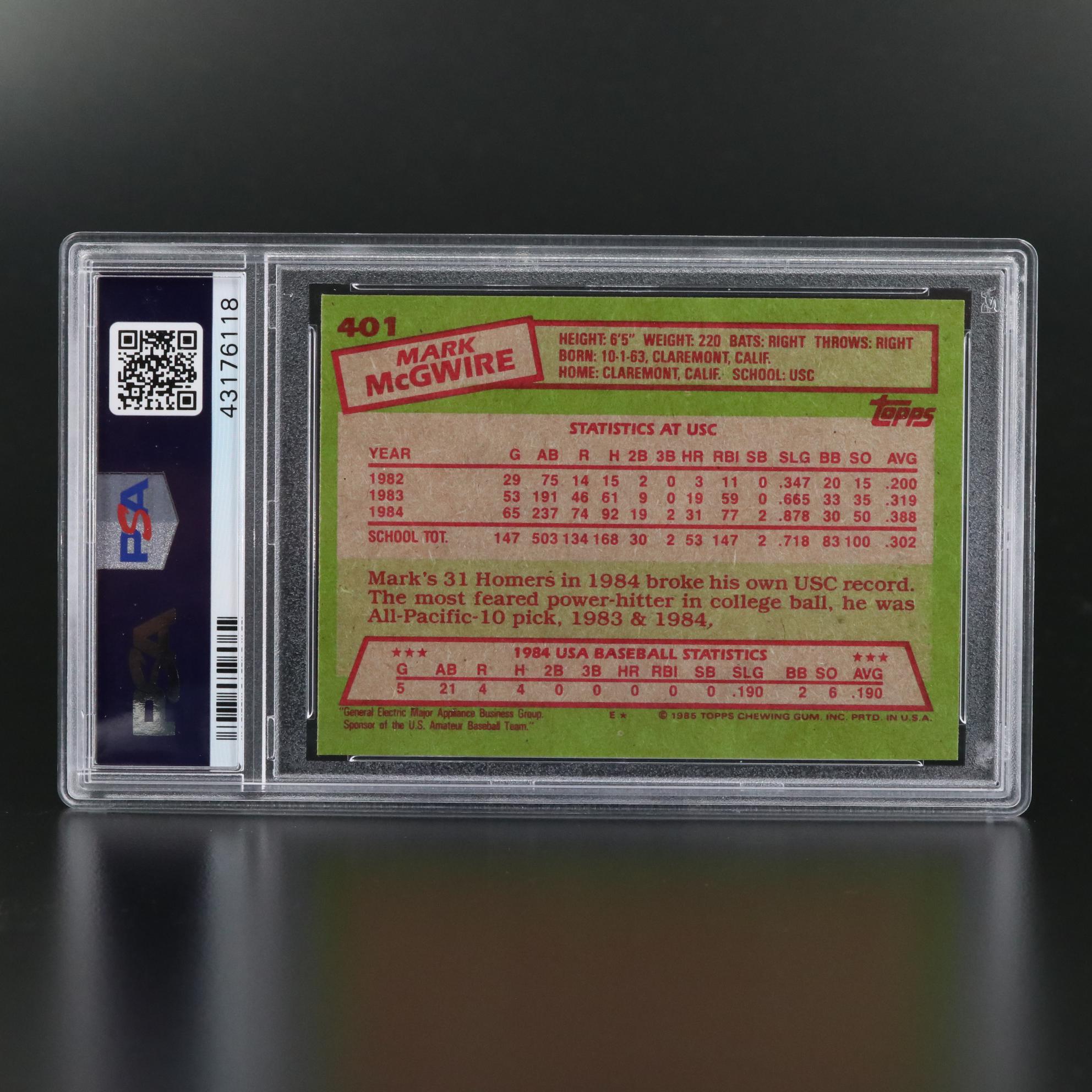 1985 Topps Mark McGwire 1984 USA Baseball Team #401 PSA Graded Mint 9 Card