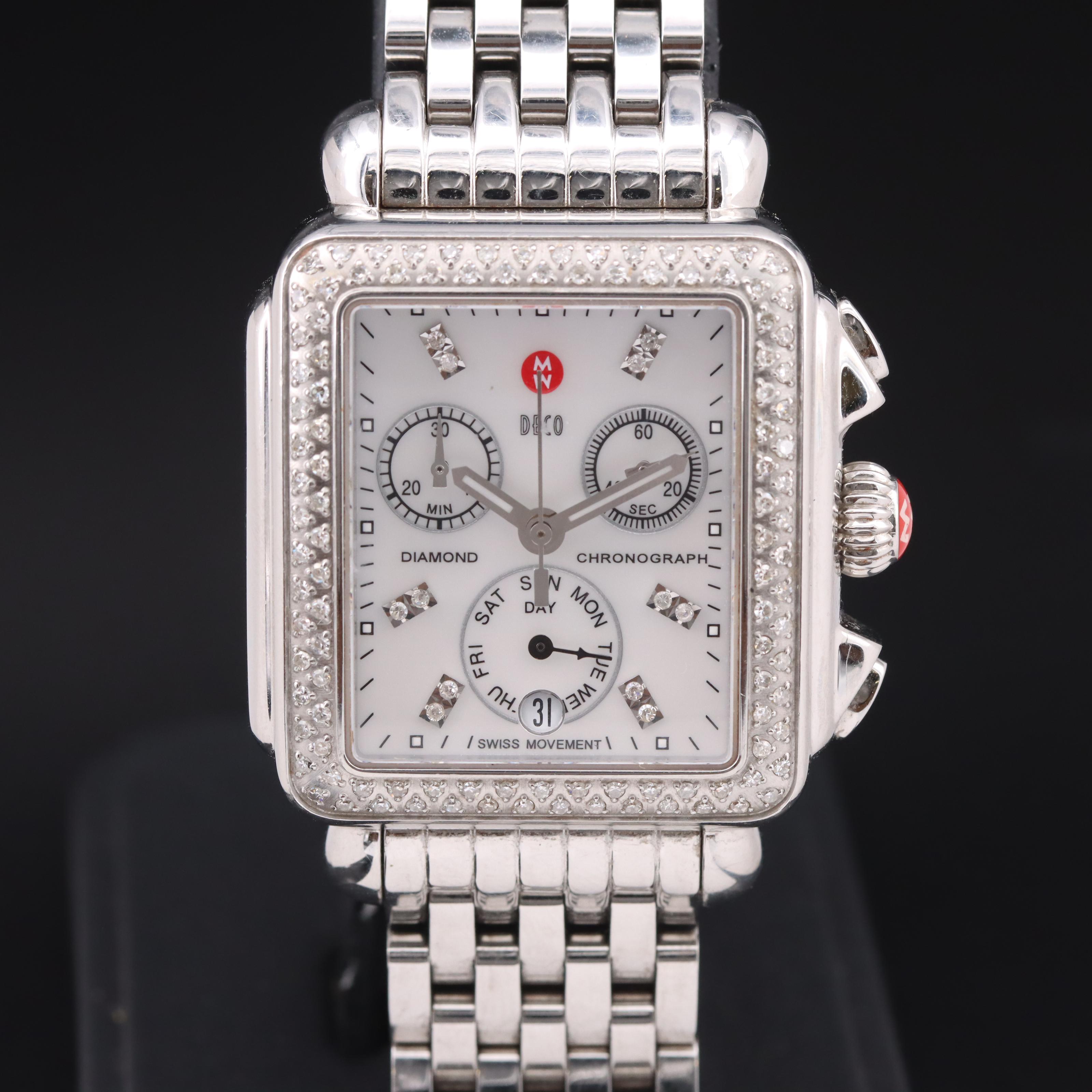 Stainless Steel Michele Deco Mother-of-Pearl Diamond Chronograph Watch