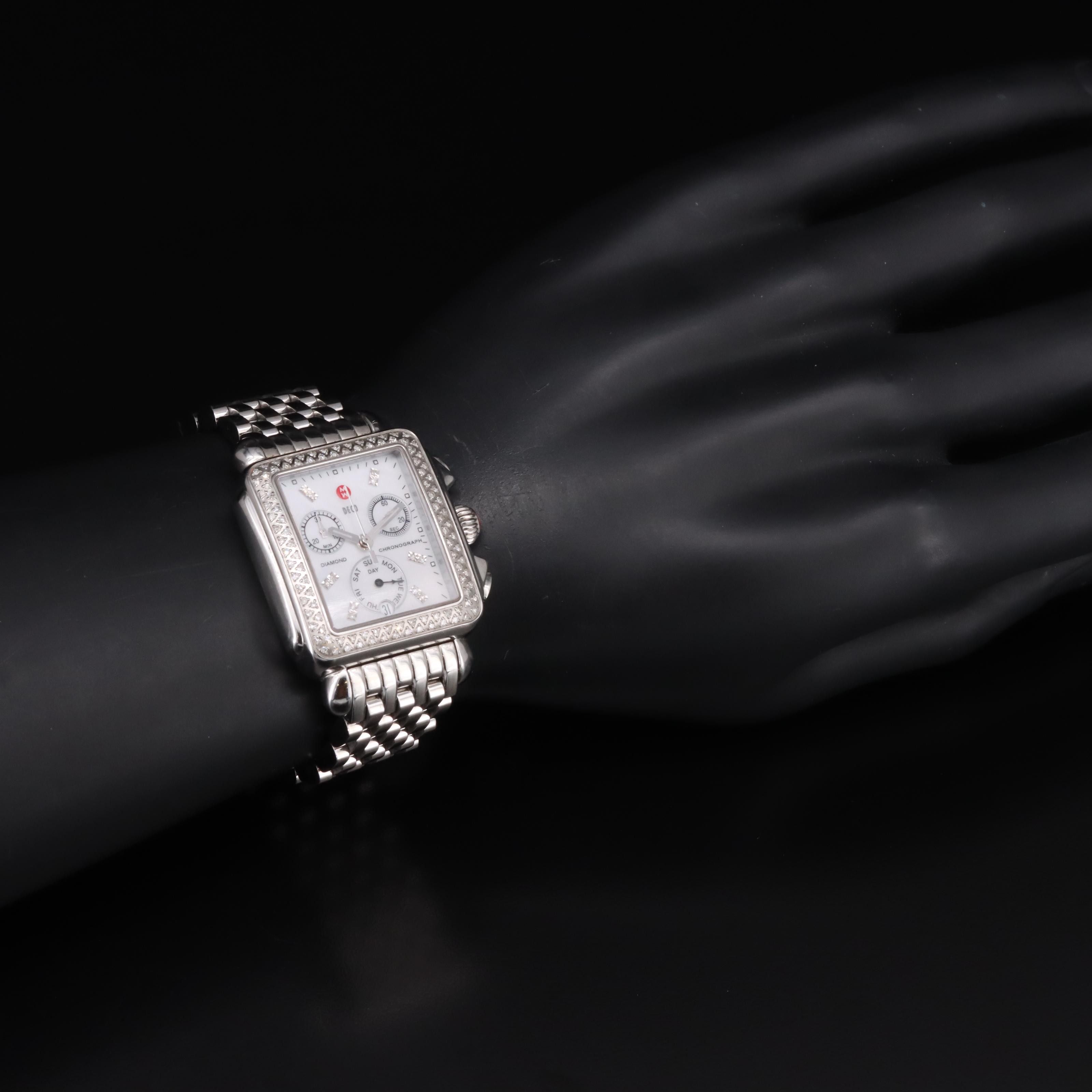 Stainless Steel Michele Deco Mother-of-Pearl Diamond Chronograph Watch