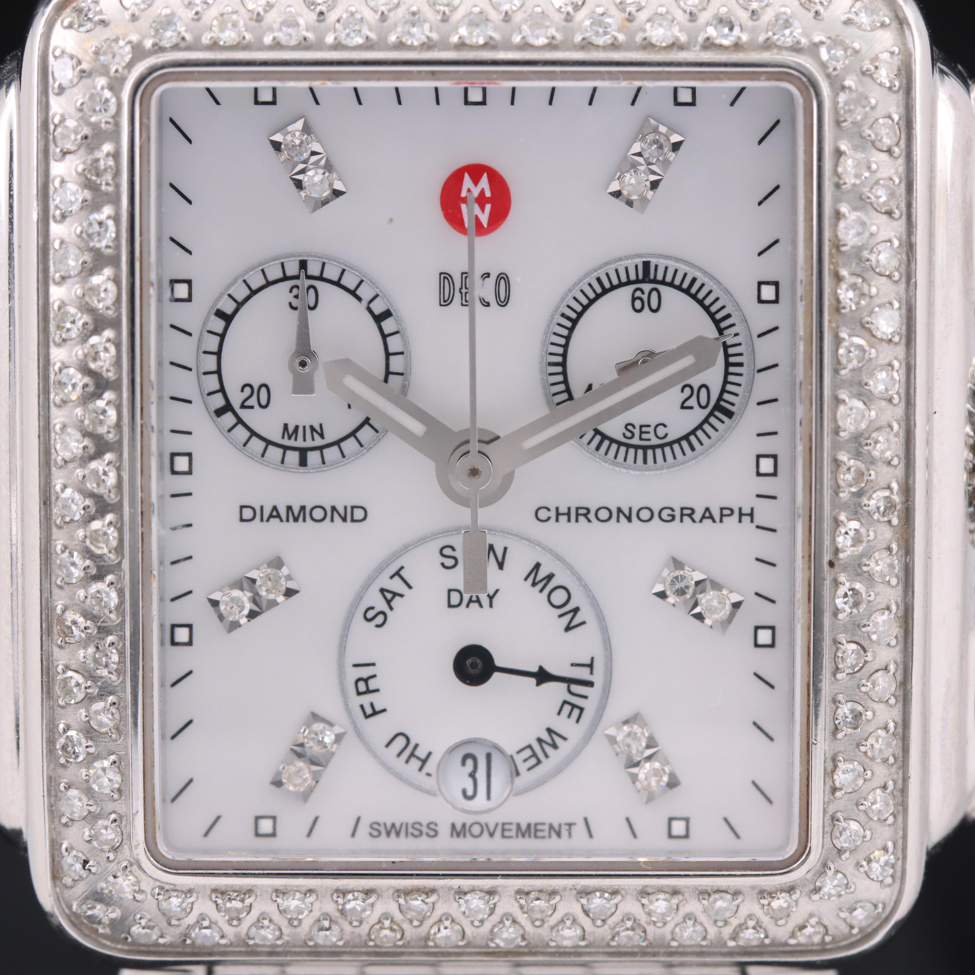 Stainless Steel Michele Deco Mother-of-Pearl Diamond Chronograph Watch