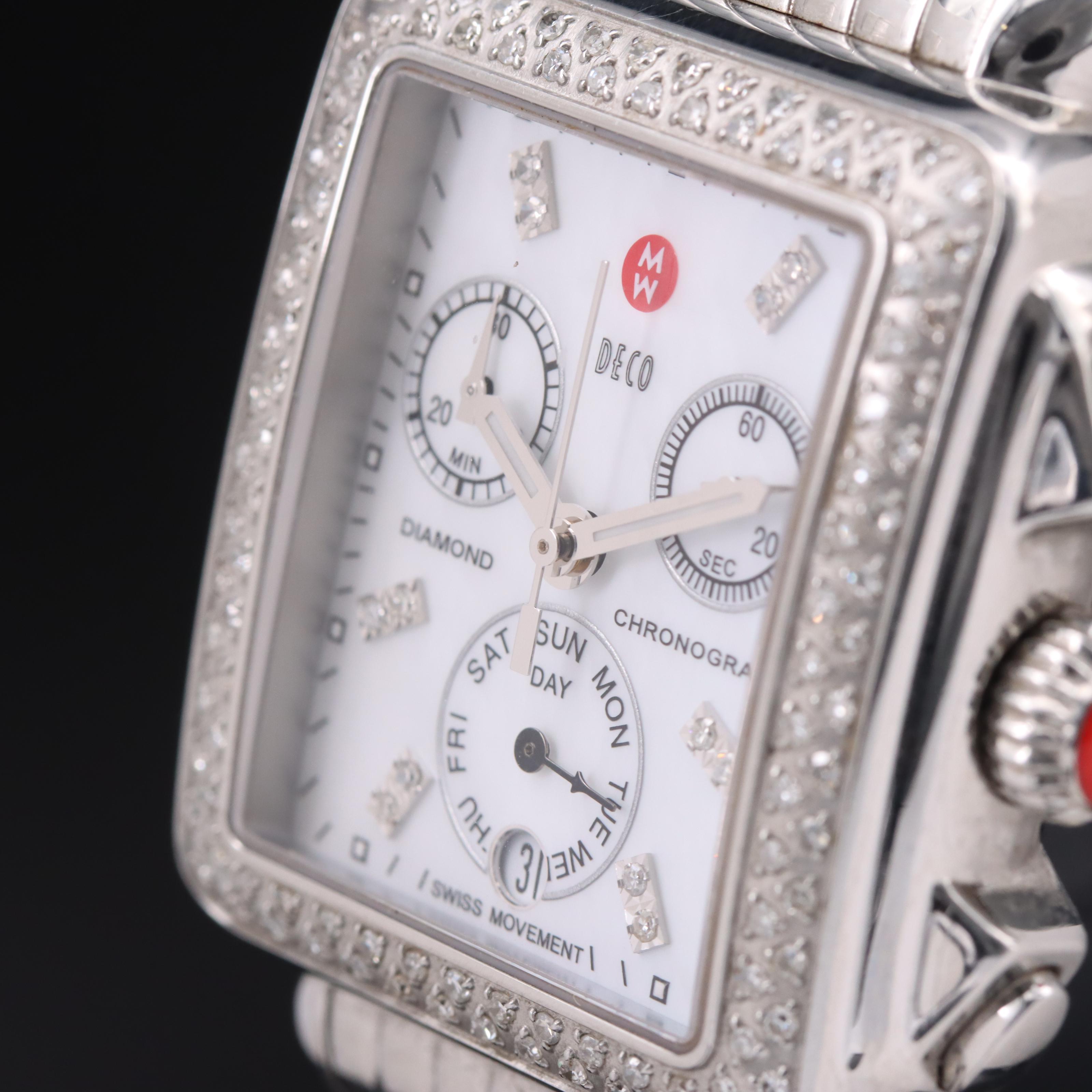 Stainless Steel Michele Deco Mother-of-Pearl Diamond Chronograph Watch