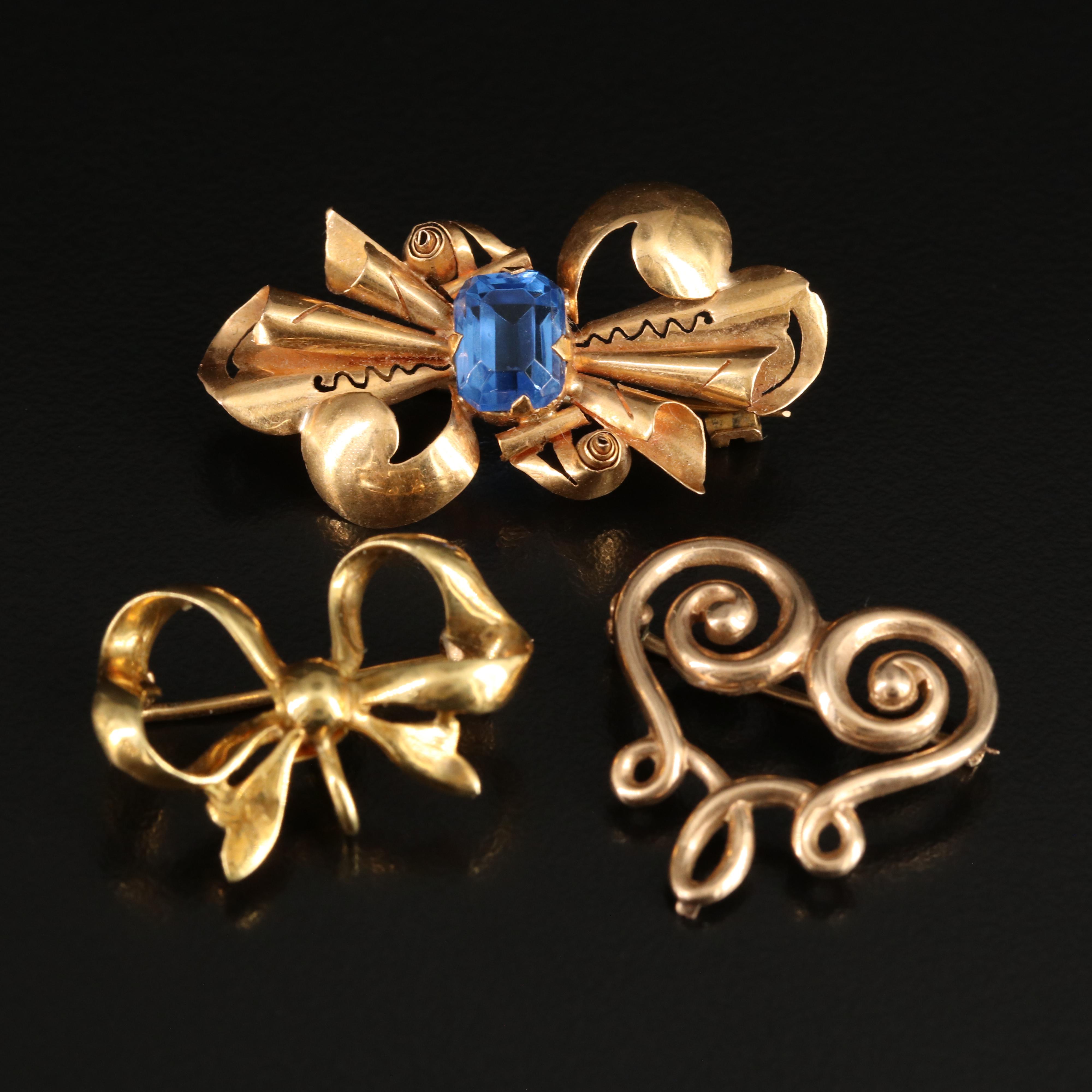 Tiffany & Co. 18K Bow Watch Pin, 19K and 10K Rose Gold Heart and Bow Pins