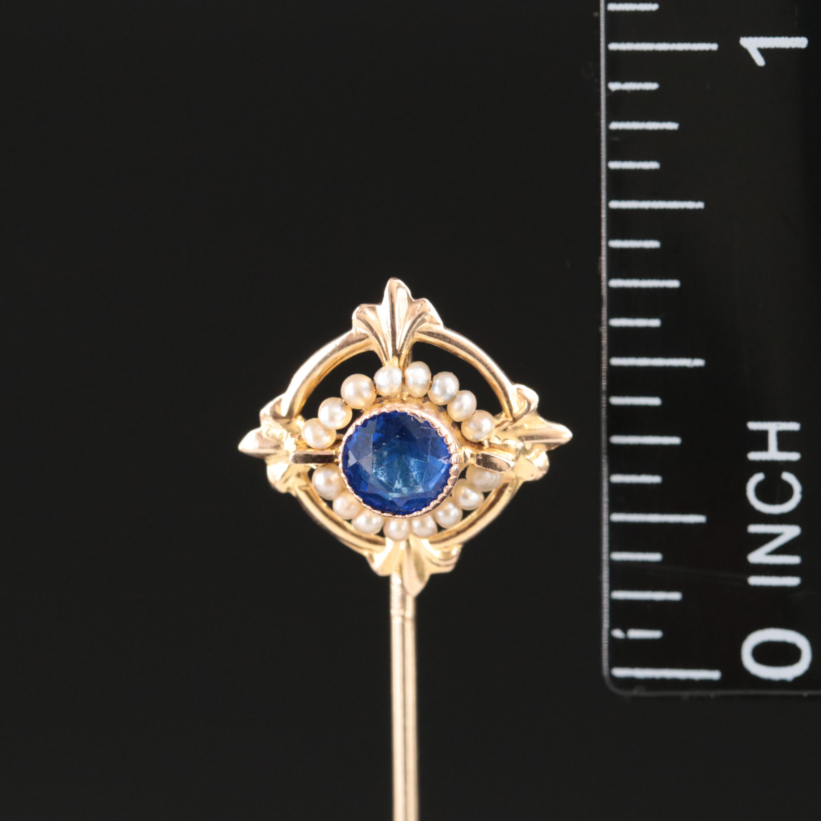 Antique 10K Seed Pearl and Glass Stick Pin