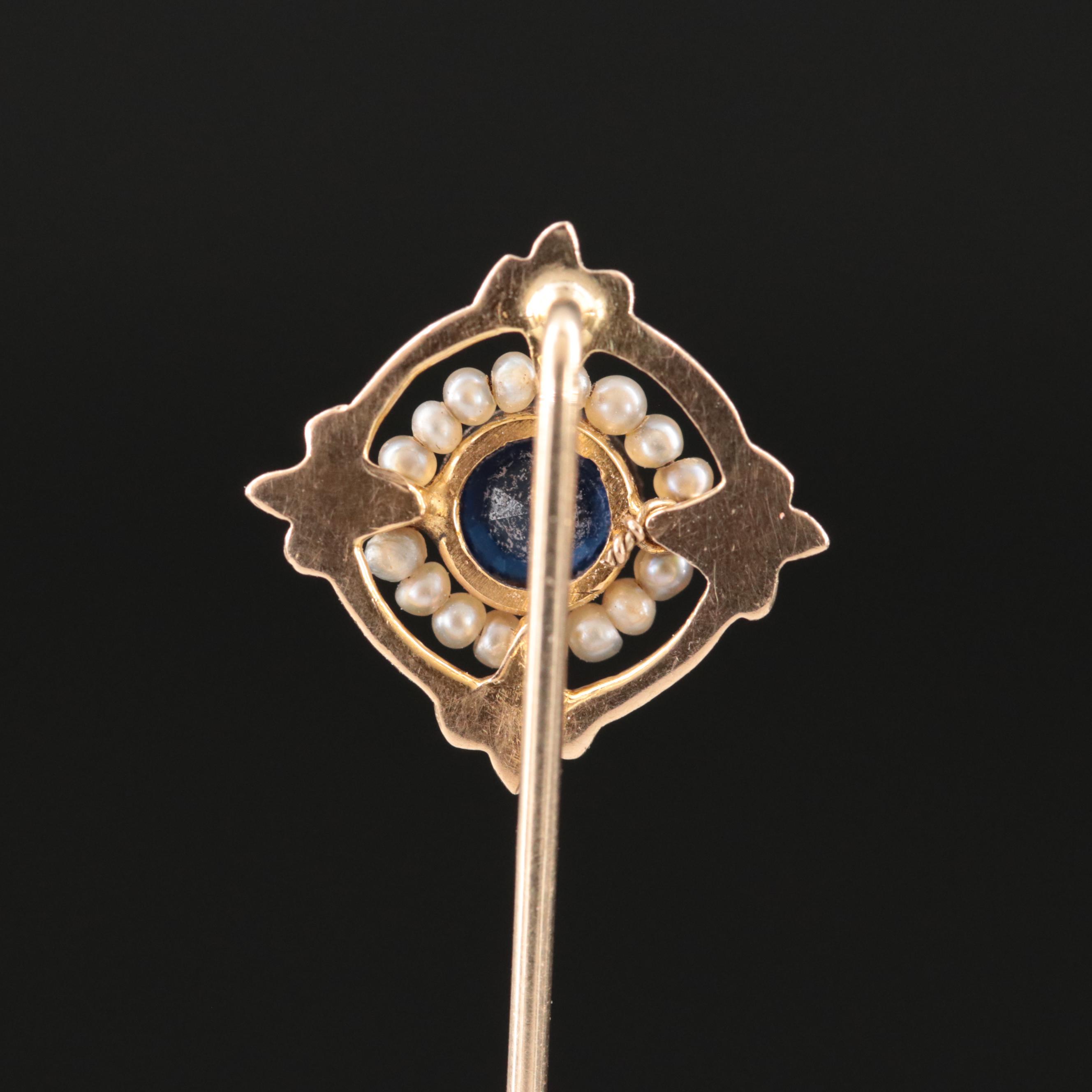 Antique 10K Seed Pearl and Glass Stick Pin