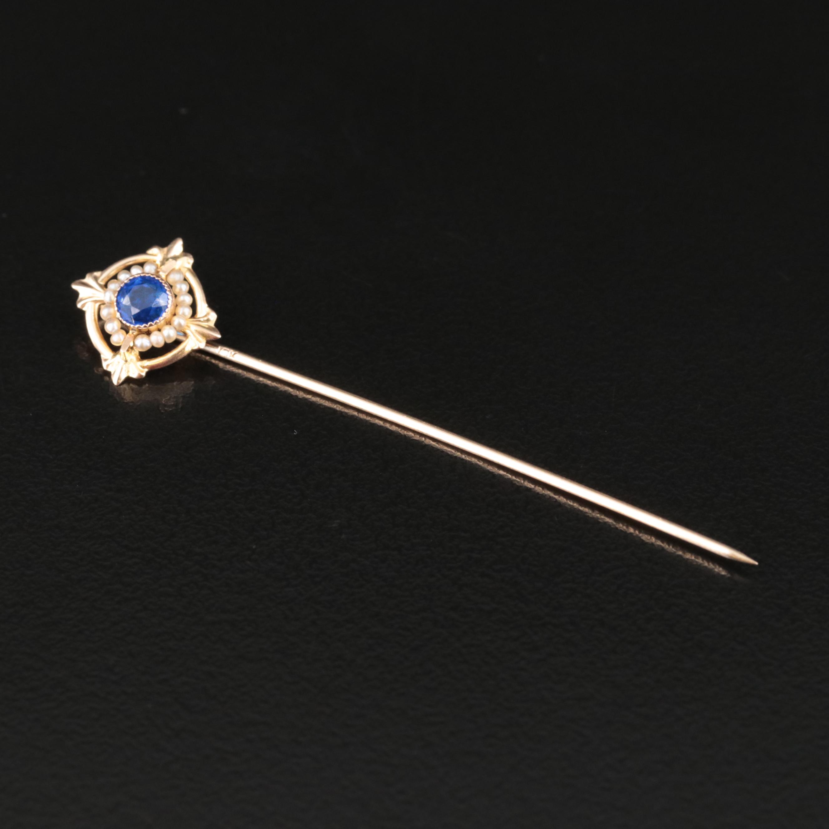 Antique 10K Seed Pearl and Glass Stick Pin