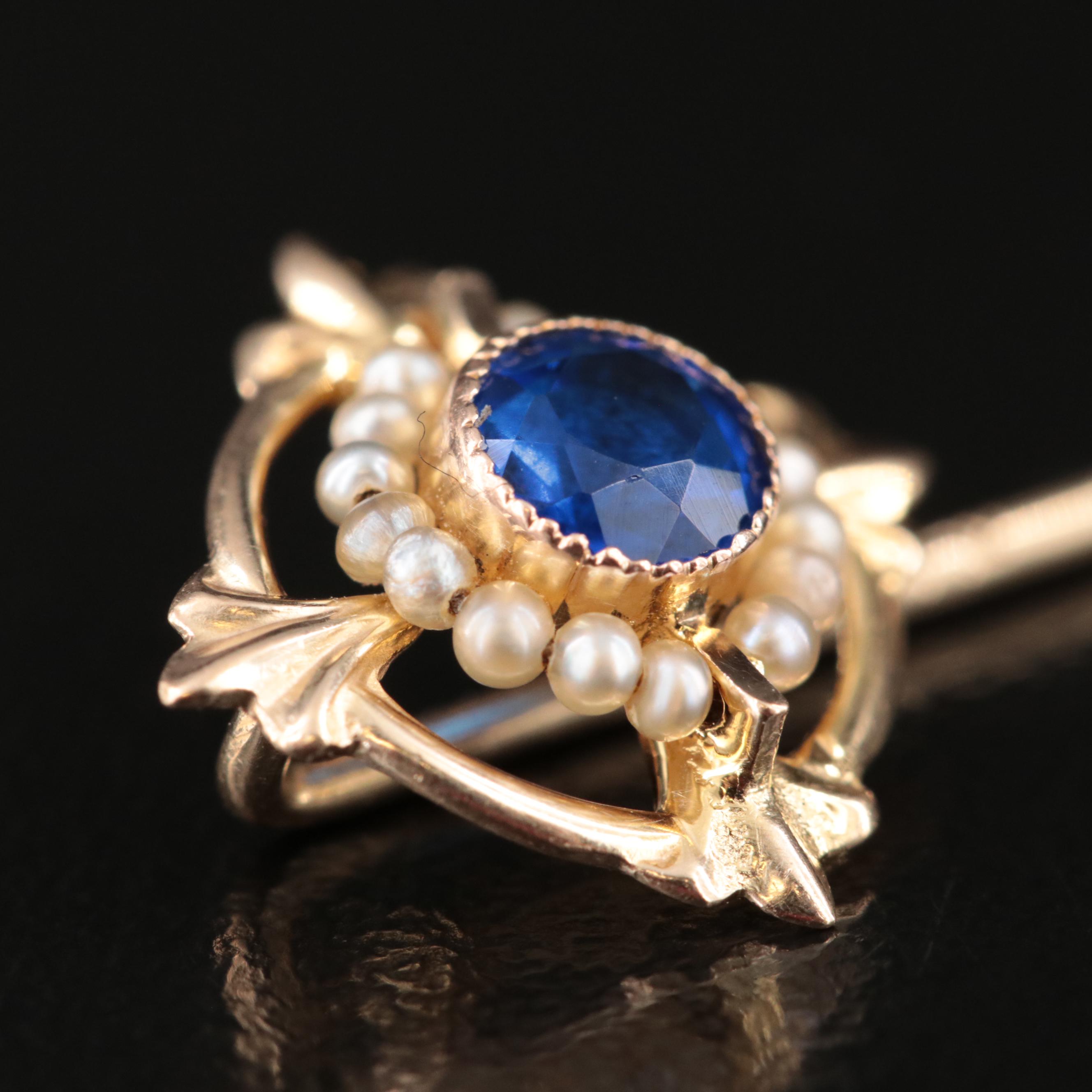 Antique 10K Seed Pearl and Glass Stick Pin