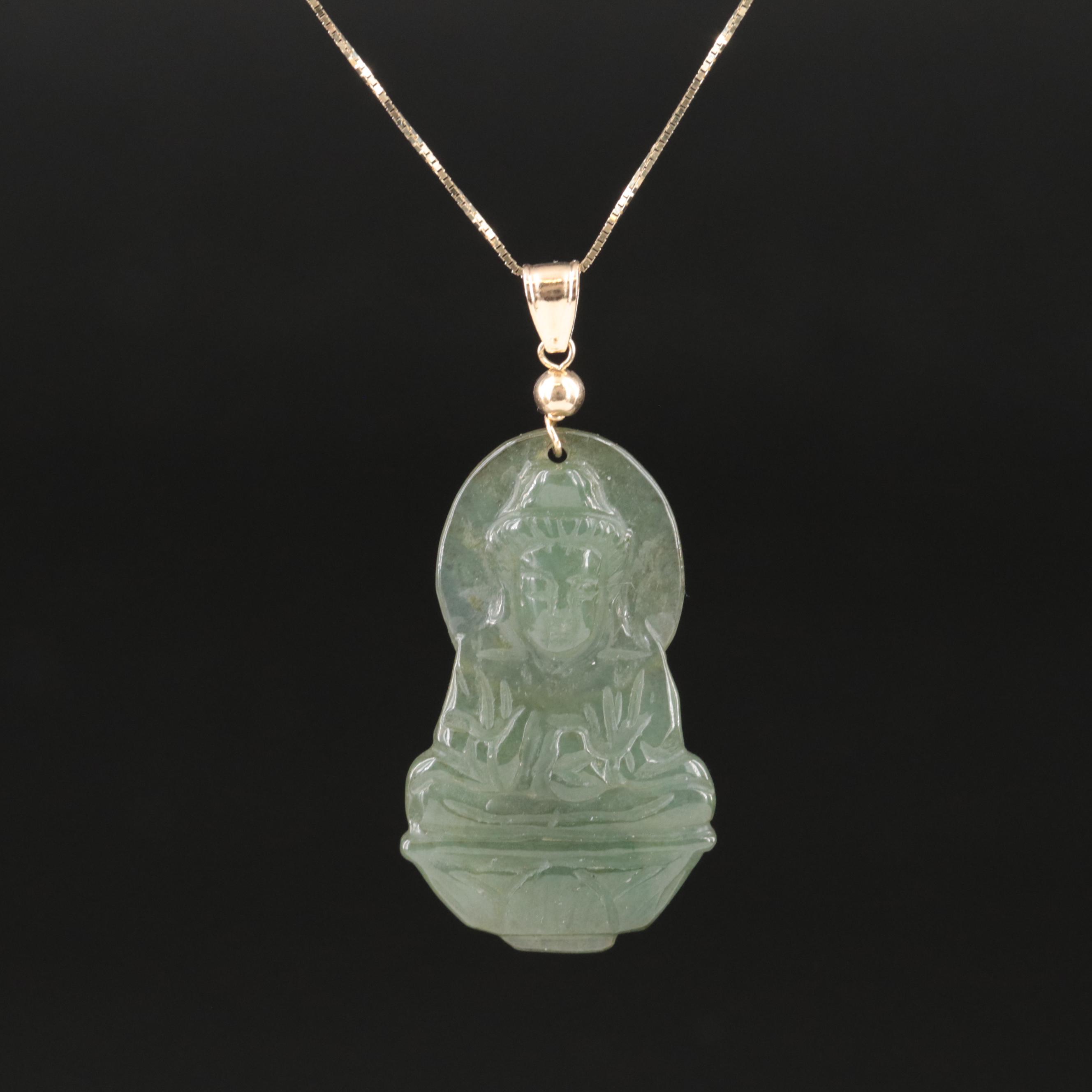 14K Carved Jadeite Quan Yin Pendant Necklace