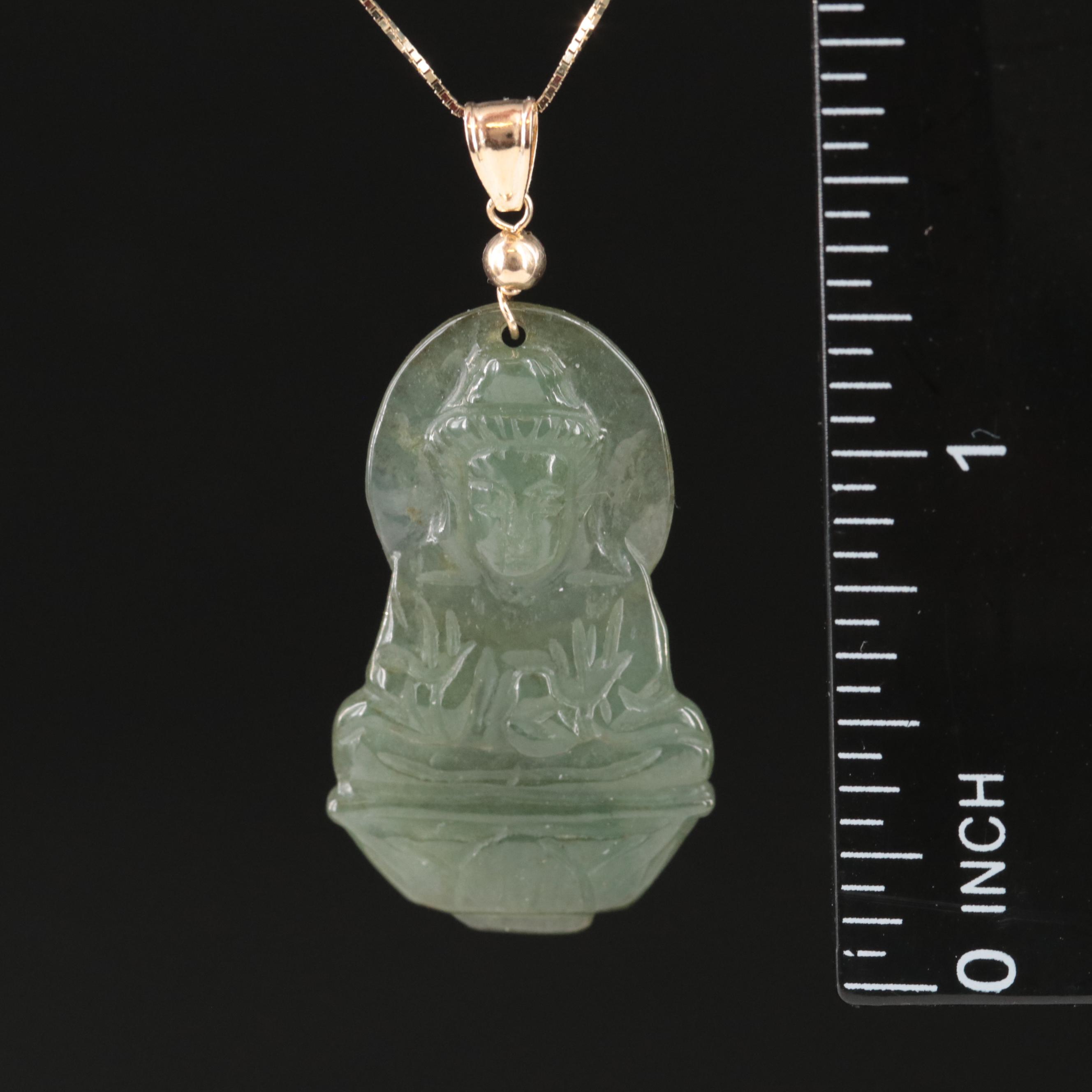 14K Carved Jadeite Quan Yin Pendant Necklace