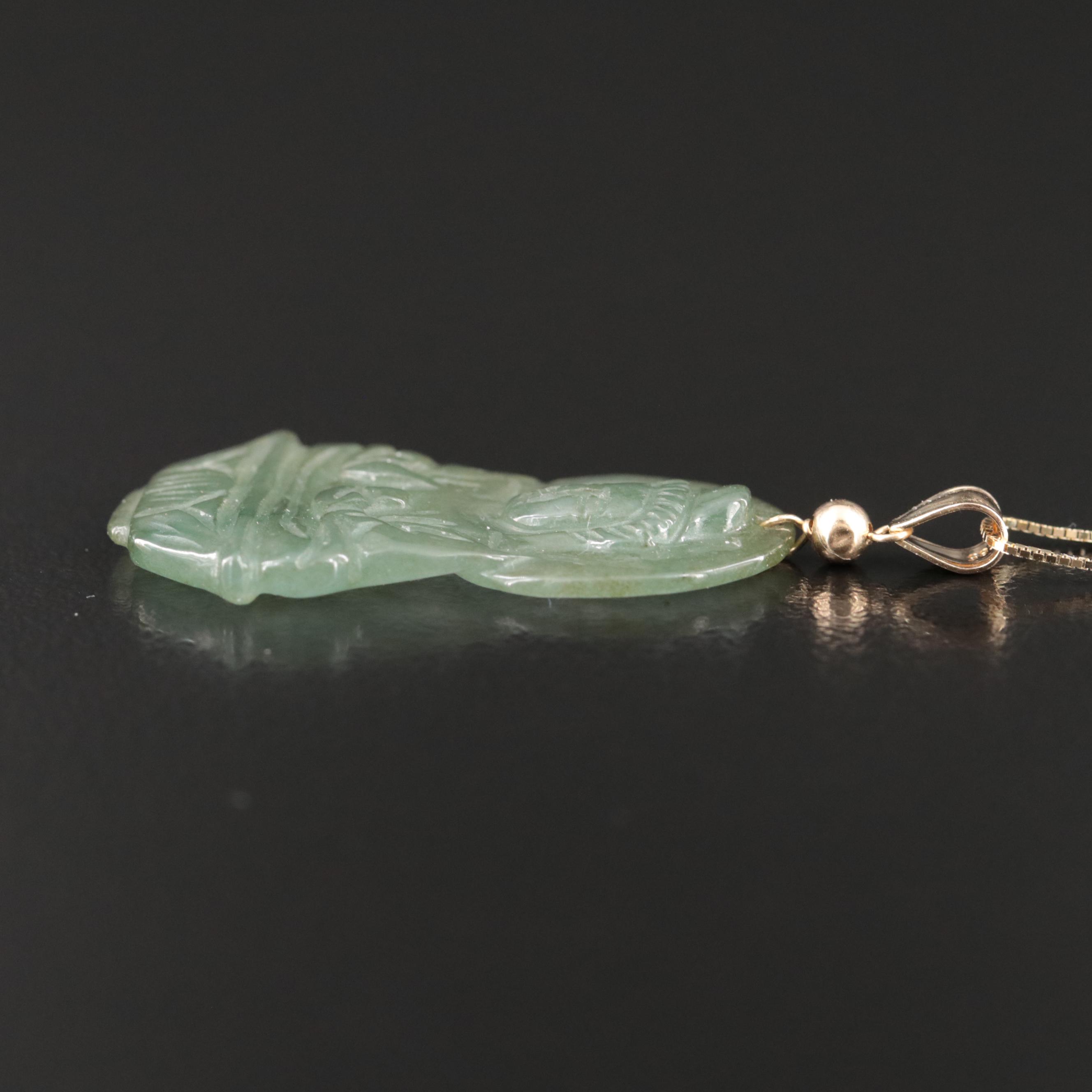 14K Carved Jadeite Quan Yin Pendant Necklace